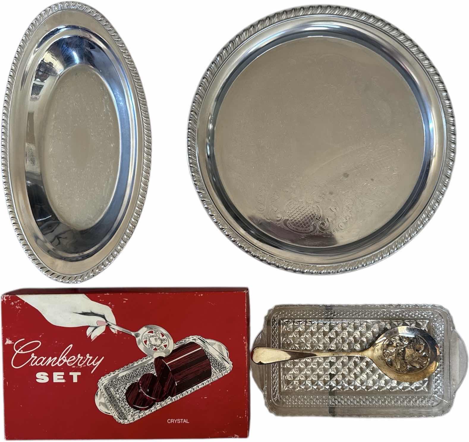 Photo 1 of 3- VINTAGE SERVING PLATES, SILVER AND CRANBERRY SET, CRYSTAL