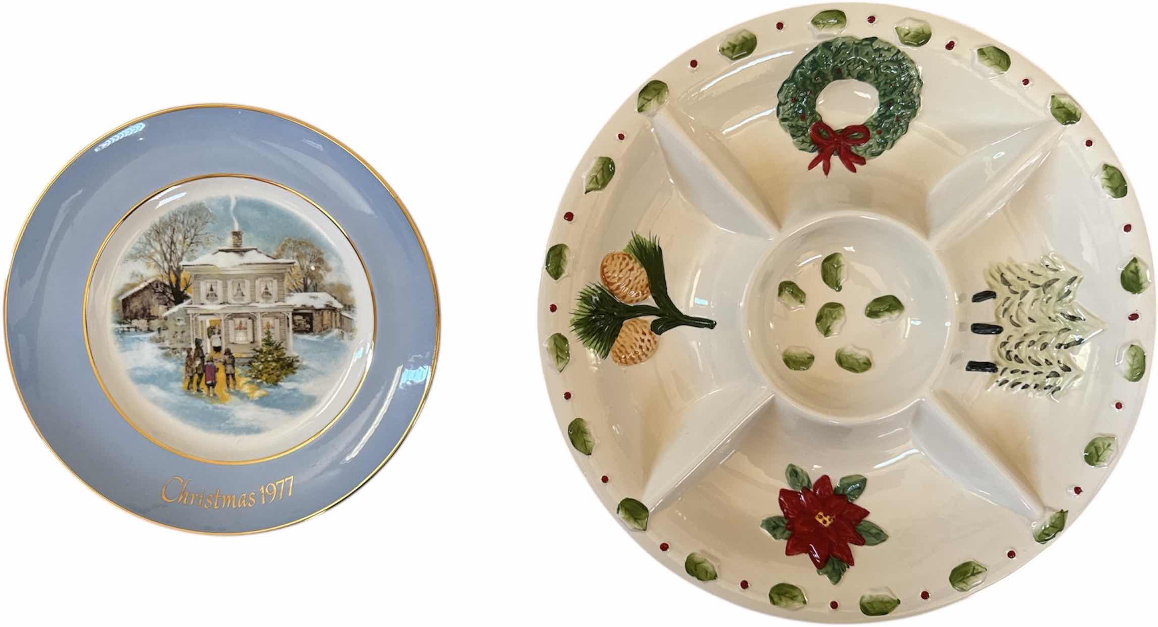 Photo 1 of 2- VINTAGE HAND PAINTED CERAMIC CHIP AND DIP TRAY AND CHRISTMAS PLATE 1977 CAROLLERS IN THE SNOW

TRAY
D12.5”