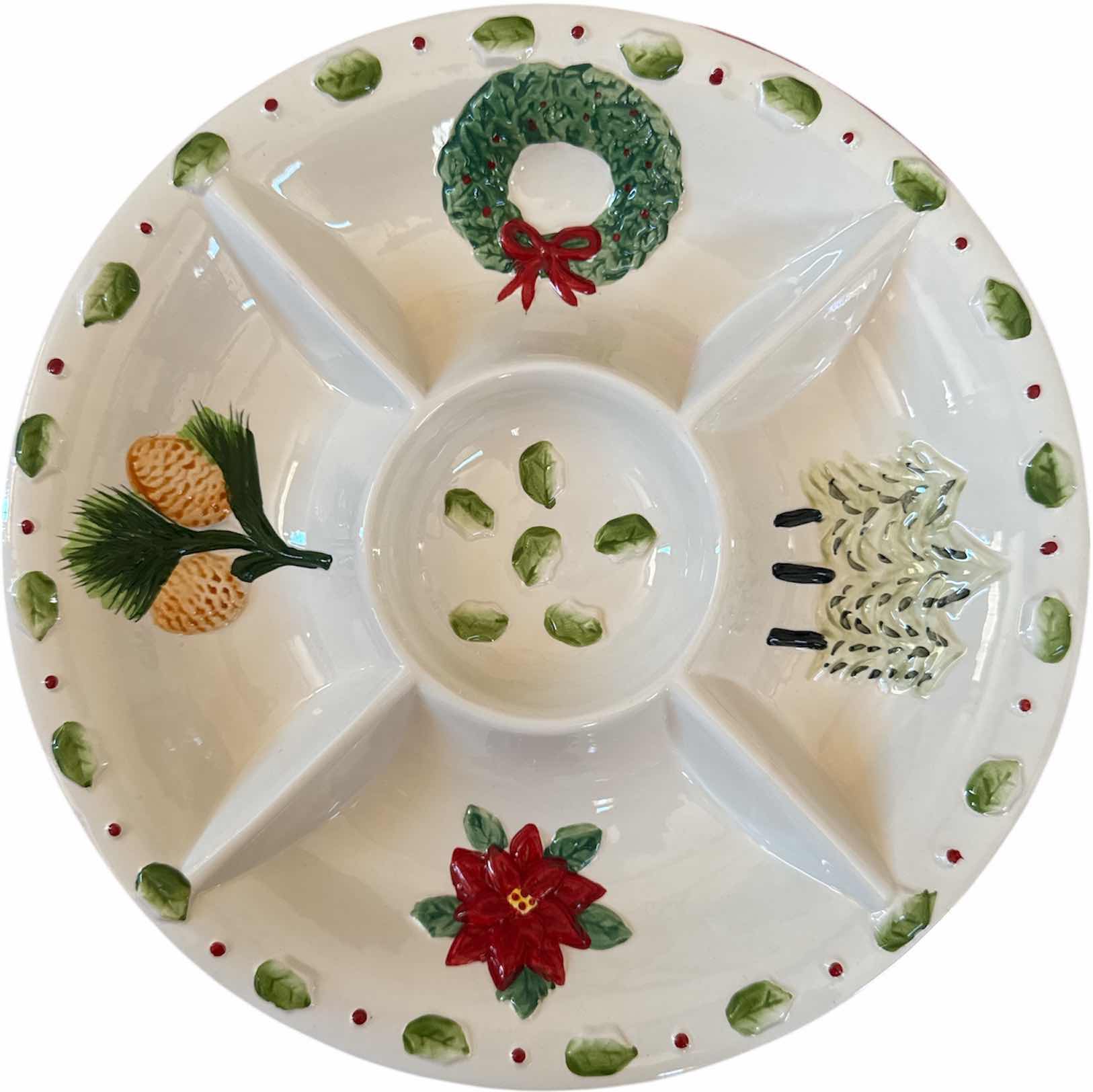 Photo 1 of 2- VINTAGE HAND PAINTED CERAMIC CHIP AND DIP TRAY AND CHRISTMAS PLATE 1977 CAROLLERS IN THE SNOW

TRAY
D12.5”