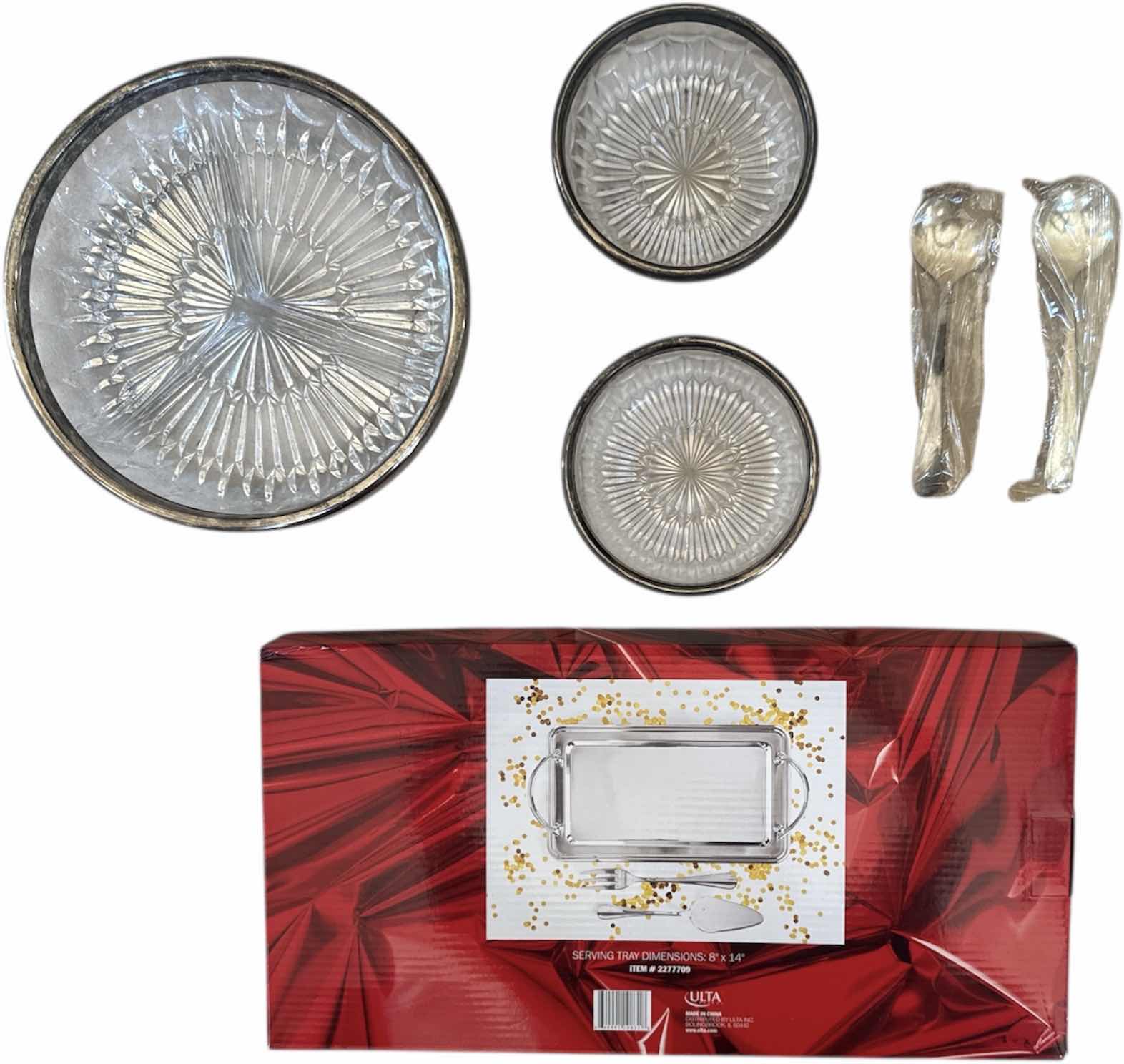 Photo 1 of 4- VINTAGE SILVERPLATED CRYSTAL SAUCE SETS AND SERVING TRAY

SERVING TRAY
8” X 14” X H1”