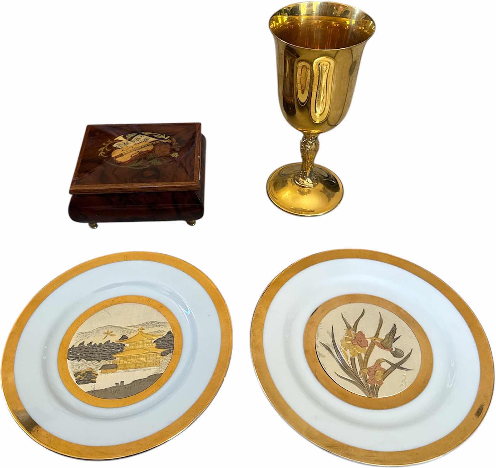 View 1 of 4- VINTAGE ERCOLANO WOODEN MUSIC BOX, ART OF CHOKIN GILDED WITH GOLD AND SILVER, GOLD GOBLET