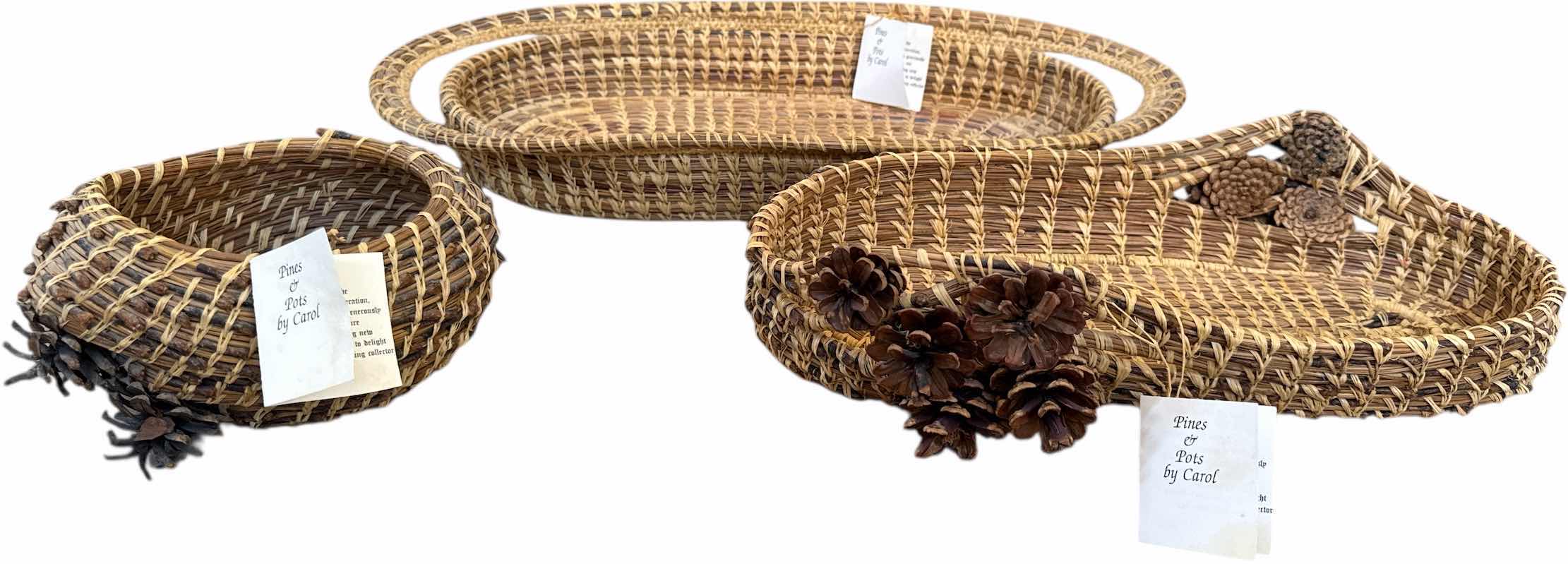 Photo 1 of 3- VINTAGE PINE WEAVED BASKETS, PINES AND POTS BY CAROL 

17” X 8” X H2” AND SMALLER