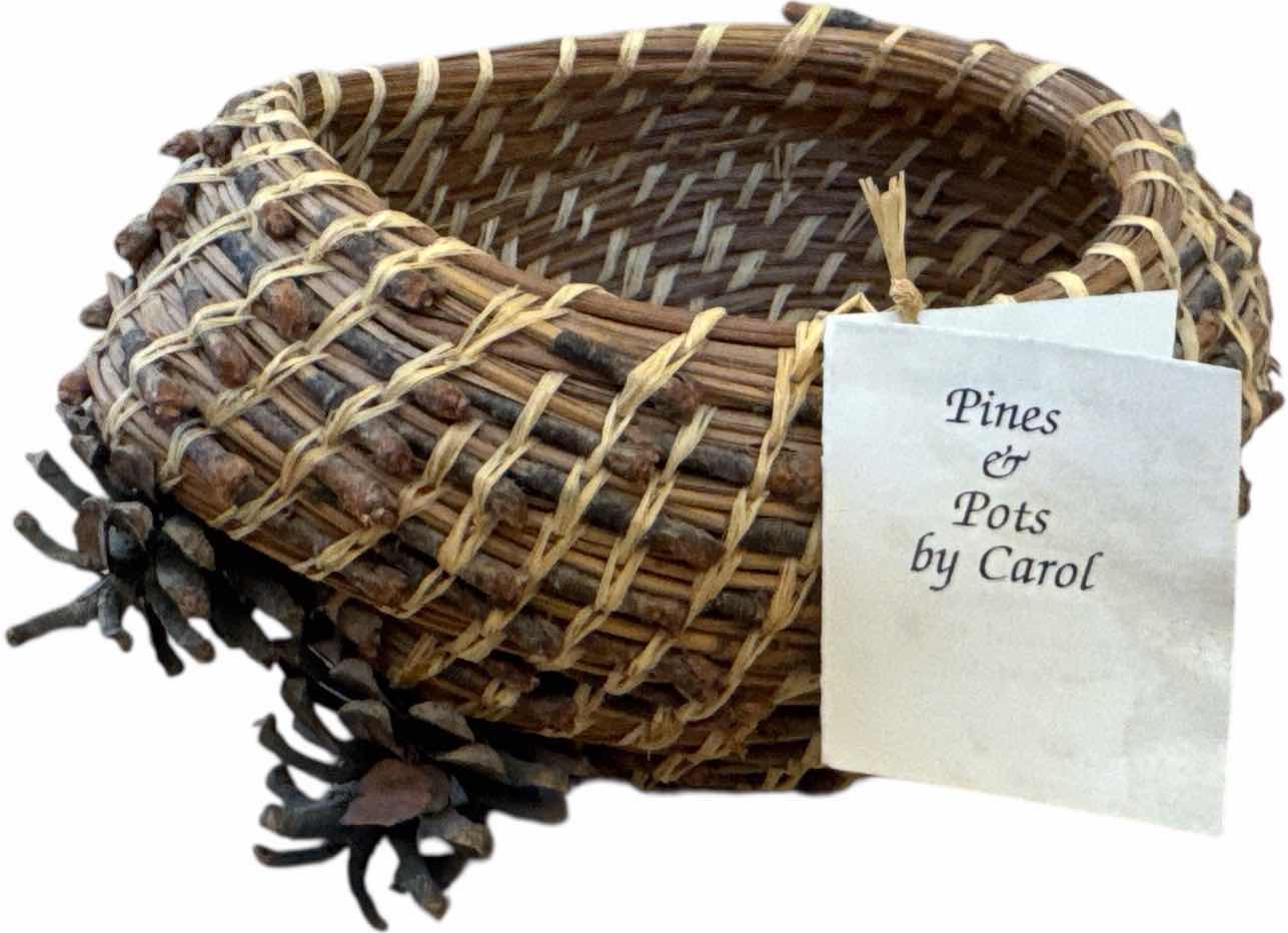 Photo 1 of 3- VINTAGE PINE WEAVED BASKETS, PINES AND POTS BY CAROL 

17” X 8” X H2” AND SMALLER