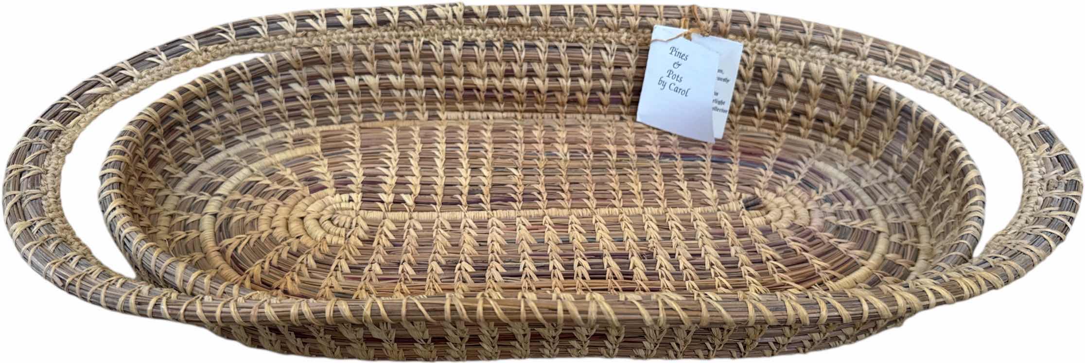 Photo 1 of 3- VINTAGE PINE WEAVED BASKETS, PINES AND POTS BY CAROL 

17” X 8” X H2” AND SMALLER