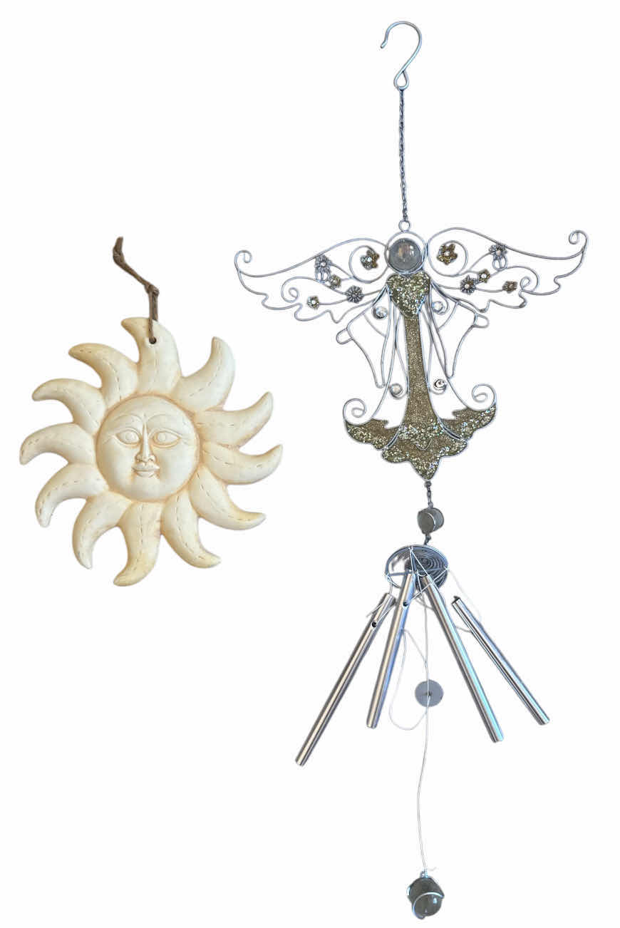 Photo 1 of 2- OUTDOOR DECOR, HANGING CERAMIC SUN AND ANGEL WINDCHIME

WINDCHIME
H32”