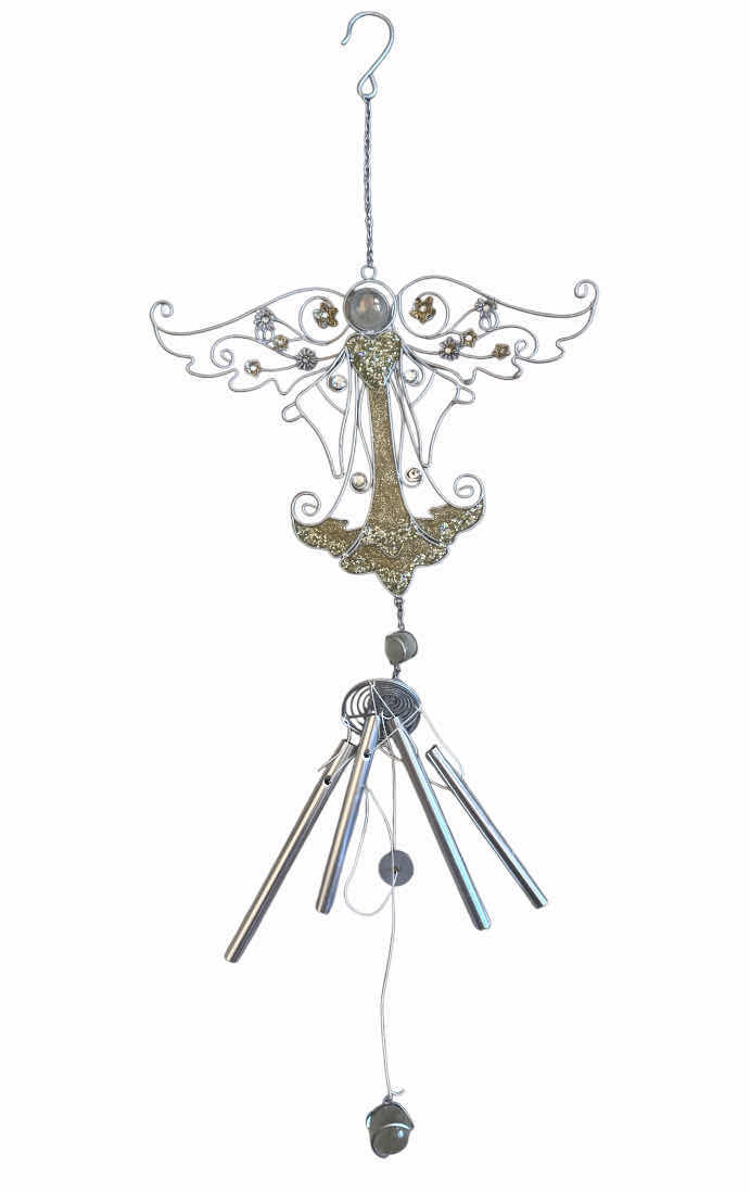 Photo 1 of 2- OUTDOOR DECOR, HANGING CERAMIC SUN AND ANGEL WINDCHIME

WINDCHIME
H32”