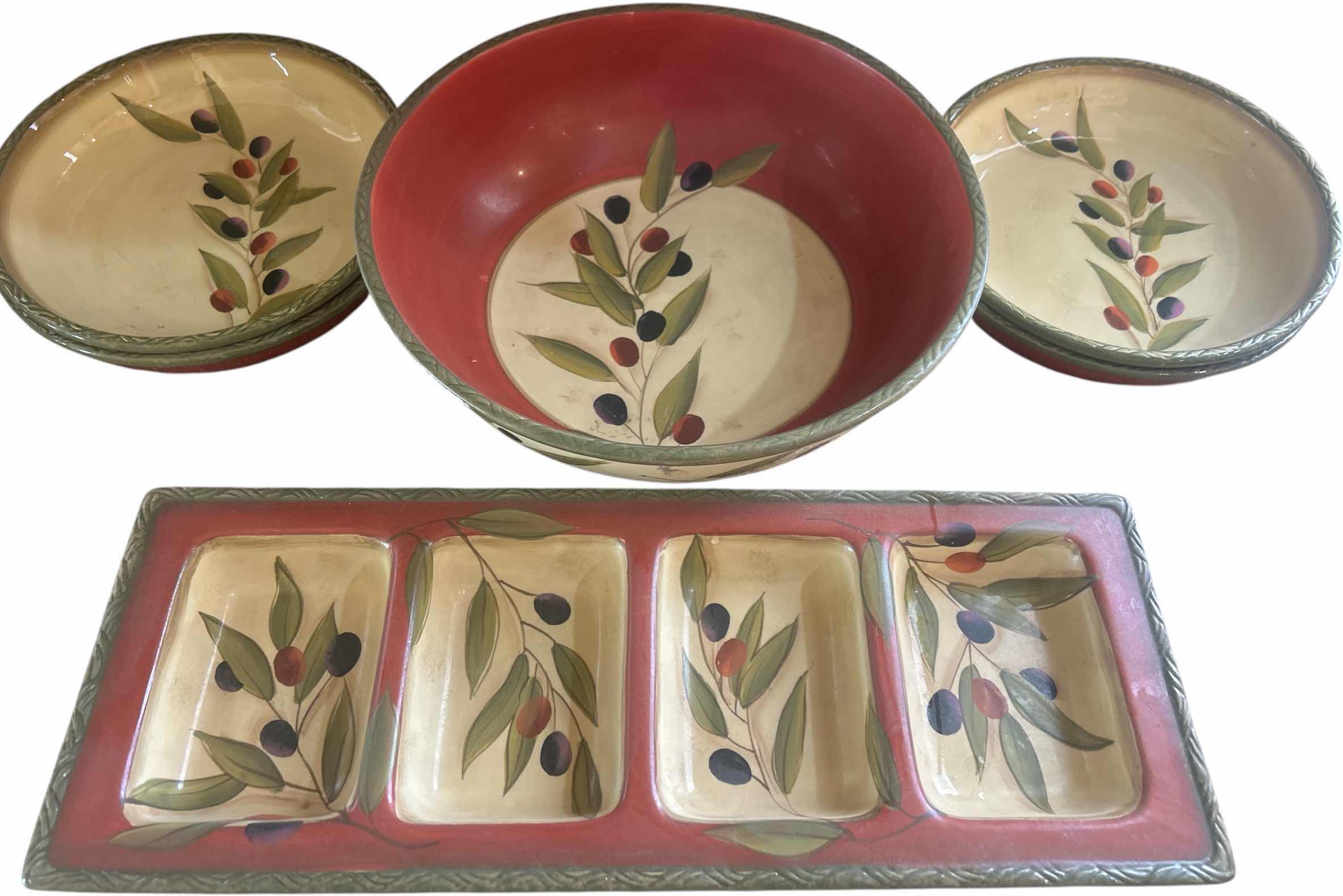 Photo 1 of 6 PC CLAY ART ANTIQUE OLIVE HAND PAINTED SALAD BOWLS AND RELISH TRAY