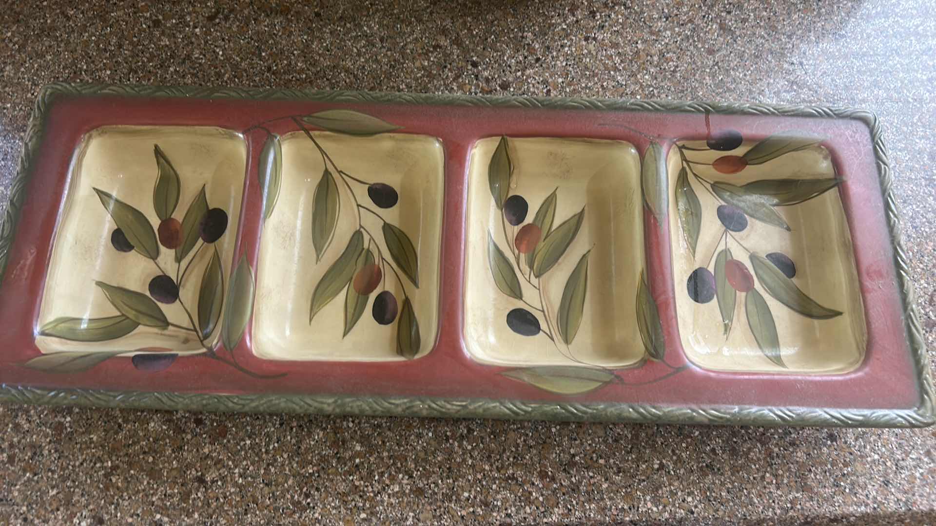 Photo 1 of 6 PC CLAY ART ANTIQUE OLIVE HAND PAINTED SALAD BOWLS AND RELISH TRAY