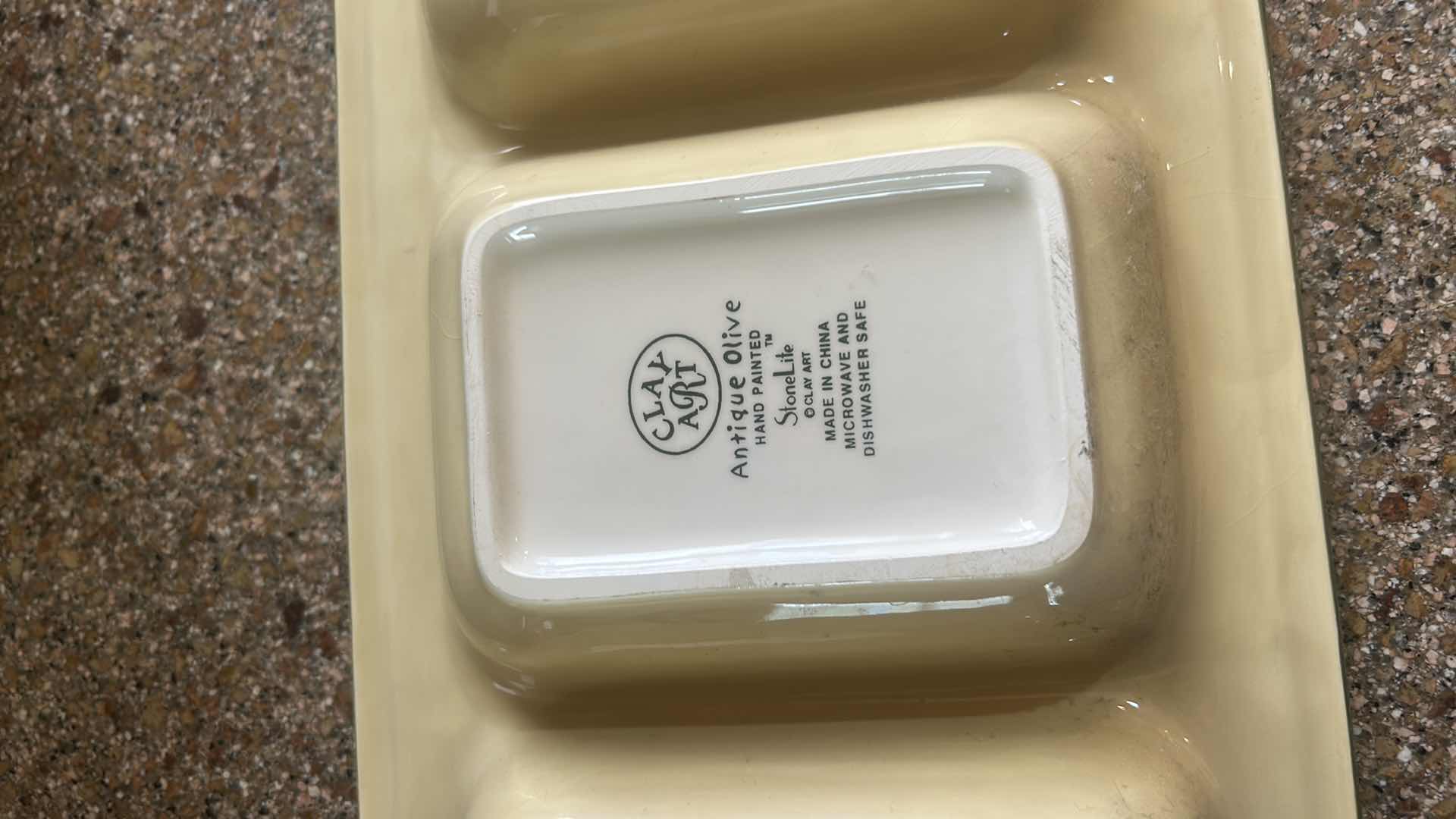 Photo 1 of 6 PC CLAY ART ANTIQUE OLIVE HAND PAINTED SALAD BOWLS AND RELISH TRAY