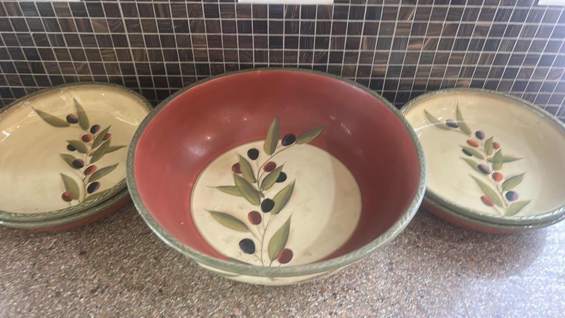 Photo 1 of 6 PC CLAY ART ANTIQUE OLIVE HAND PAINTED SALAD BOWLS AND RELISH TRAY