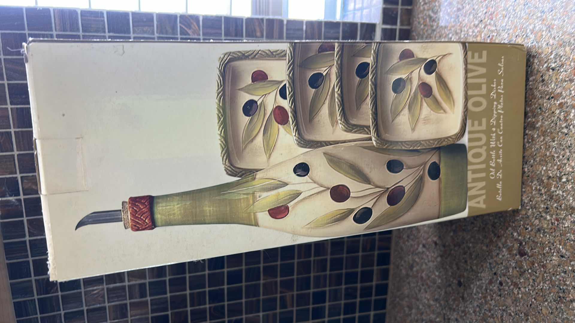 Photo 1 of 2 NEW IN BOX ANTIQUE OLIVE OVAL SERVING DISH AND OIL BOTTLE WITH DIPPING DISHES