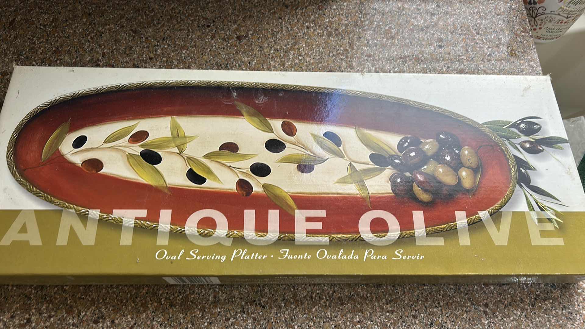 Photo 1 of 2 NEW IN BOX ANTIQUE OLIVE OVAL SERVING DISH AND OIL BOTTLE WITH DIPPING DISHES