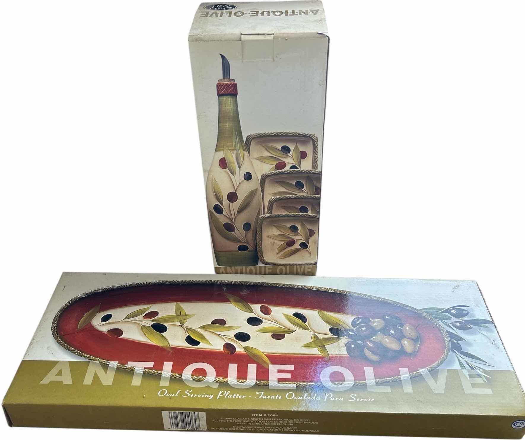 Photo 1 of 2 NEW IN BOX ANTIQUE OLIVE OVAL SERVING DISH AND OIL BOTTLE WITH DIPPING DISHES