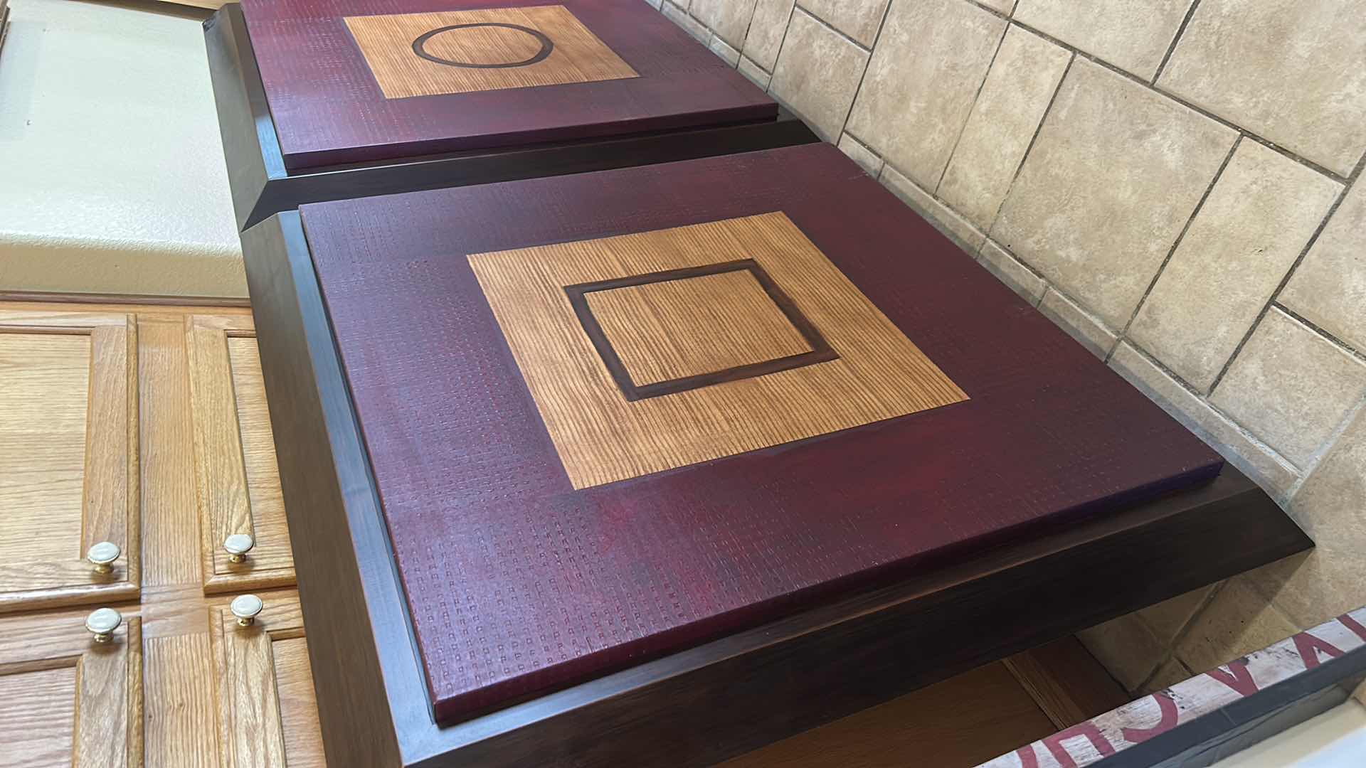 Photo 1 of 2 WALL DECOR - CIRCLE & SQUARE ON CANVAS MOUNTED ON WOOD ARTWORK 43“ x 4” x H42”