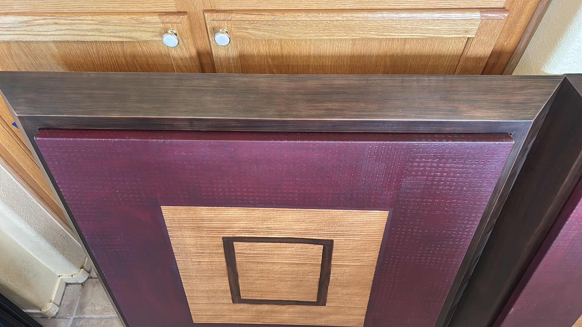 Photo 1 of 2 WALL DECOR - CIRCLE & SQUARE ON CANVAS MOUNTED ON WOOD ARTWORK 43“ x 4” x H42”