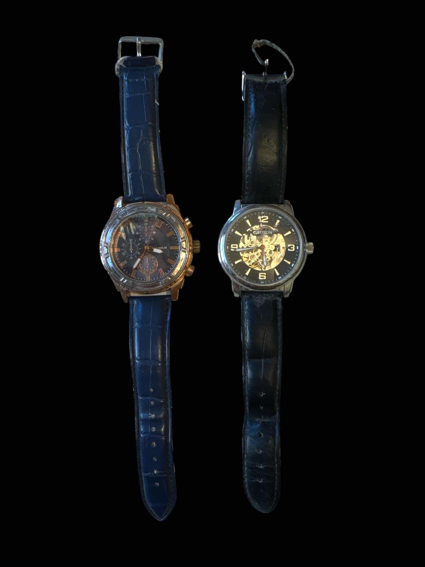 Photo 3 of 4- VINTAGE DAMAGED MENS WATCHES, BLACK, GOLD, AND SILVER TONE JEWELRY 

L9”