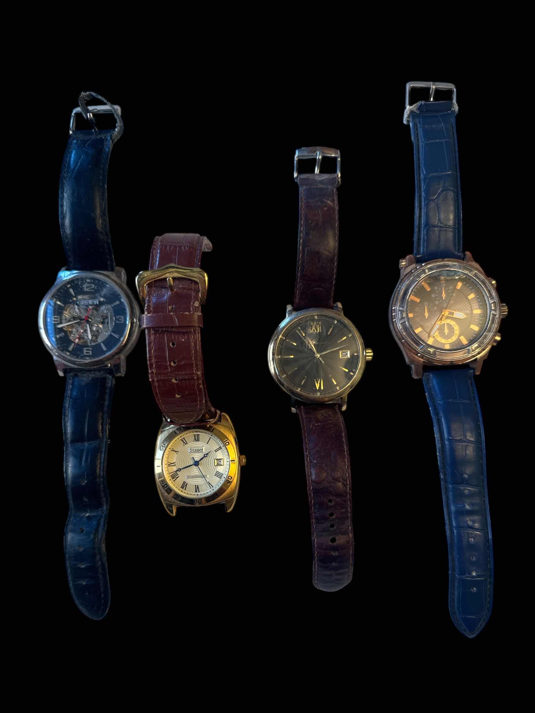 Photo 1 of 4- VINTAGE DAMAGED MENS WATCHES, BLACK, GOLD, AND SILVER TONE JEWELRY 

L9”