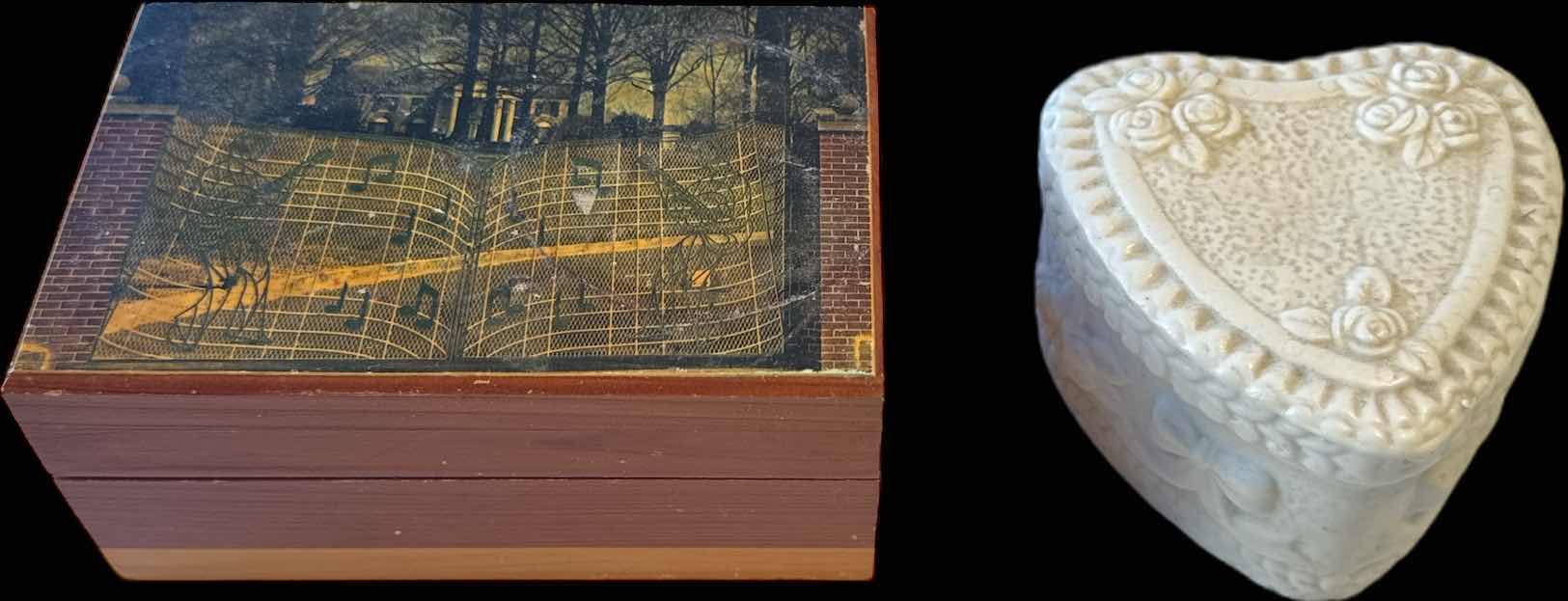 Photo 1 of 2- VINTAGE WOODEN JEWELRY BOX AND PORCELAIN HEART SHAPED JEWELRY BOX

5.5” X 3.5” X H2.5”