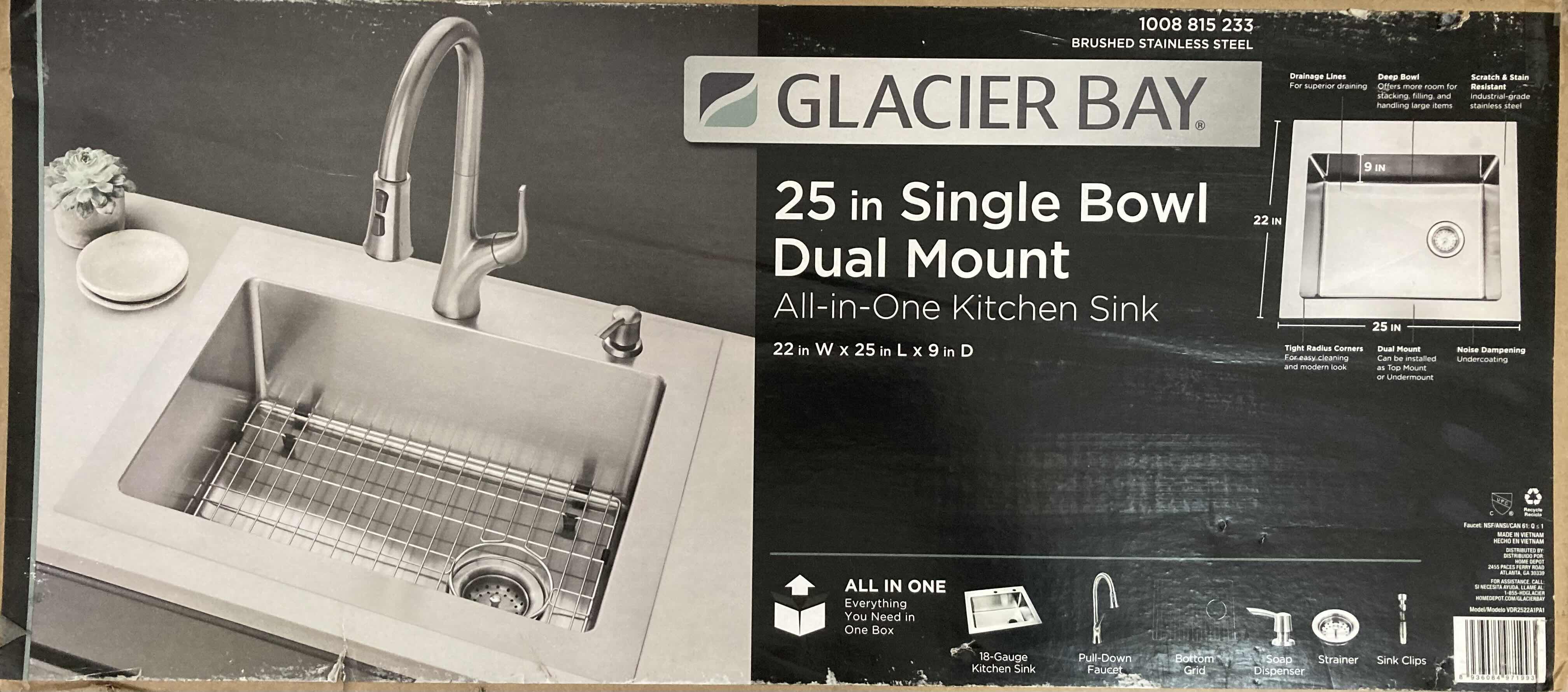 Photo 1 of NEW GLACIER BAY 25” BRUSHED STAINLESS STEEL 18 GAUGE DUAL MOUNT SINGLE BOWL KITCHEN SINK ALL IN 1 SET MODEL 1008 815 233