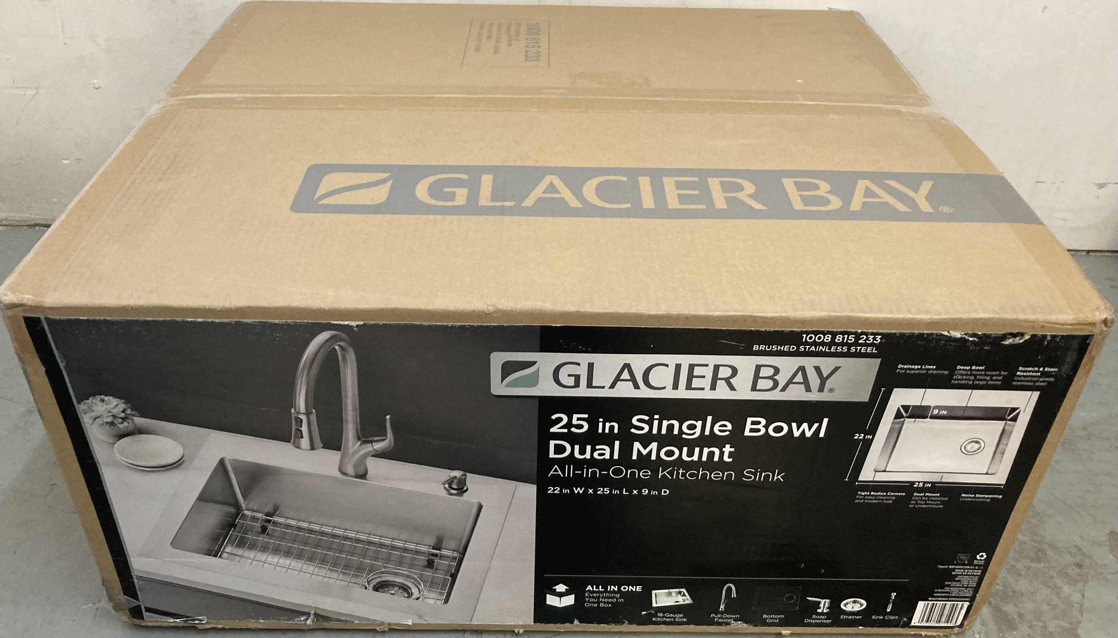 Photo 1 of NEW GLACIER BAY 25” BRUSHED STAINLESS STEEL 18 GAUGE DUAL MOUNT SINGLE BOWL KITCHEN SINK ALL IN 1 SET MODEL 1008 815 233