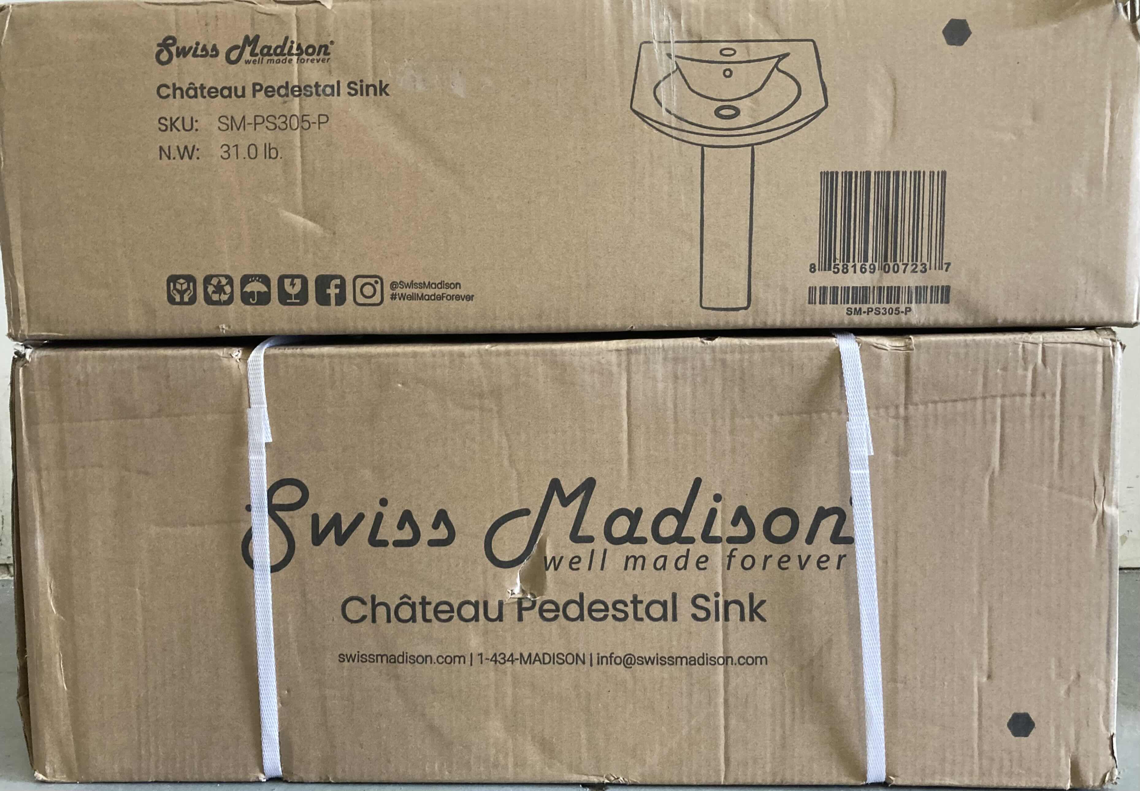 Photo 1 of NEW SWISS MADISON CHATEAU WHITE PEDESTAL SINK (2 BOX SET) MODEL SM-PS305-P & SM-PS305-S