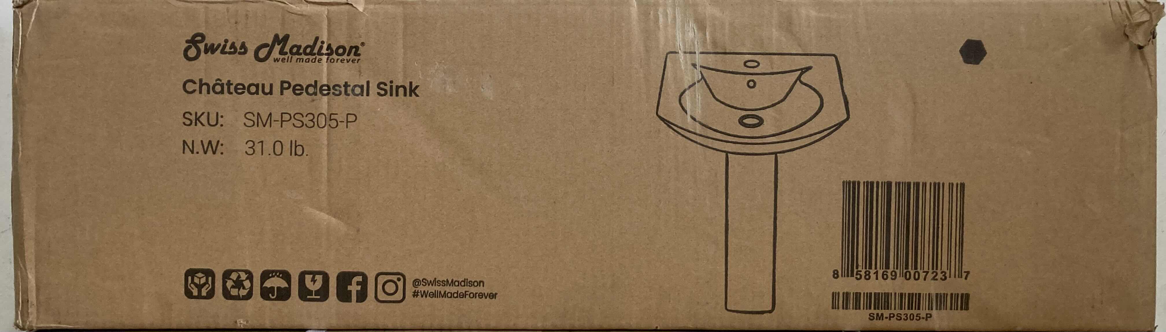 Photo 1 of NEW SWISS MADISON CHATEAU WHITE PEDESTAL SINK (2 BOX SET) MODEL SM-PS305-P & SM-PS305-S