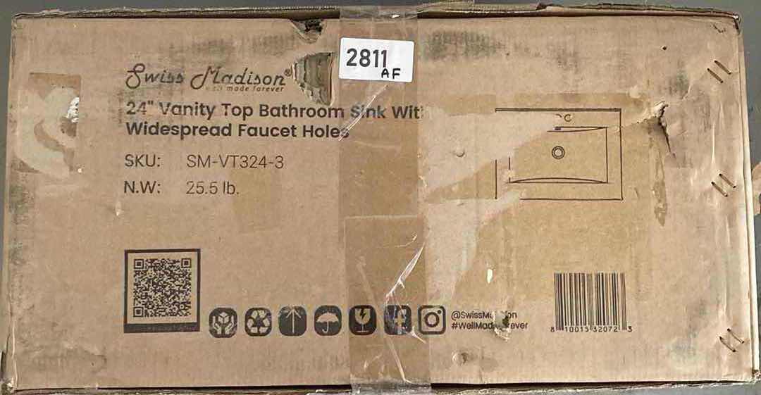 Photo 1 of NEW SWISS MADISON 24” GLOSSY WHITE VANITY TOP BATHROOM SINK W WIDESPREAD FAUCET HOLES MODEL SM-VT324-3