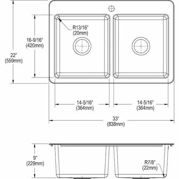 Photo 3 of NEW ELKAY AVENUE 33” STAINLESS STEEL 18 GAUGE 3 FAUCET HOLE DOUBLE BOWL KITCHEN SINK MODEL HDDBD33229TR3
