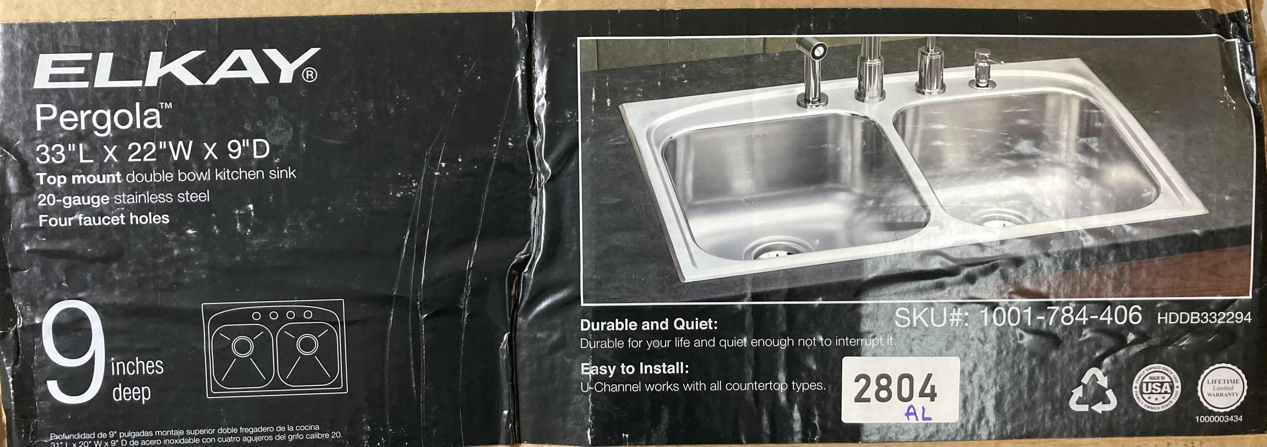 Photo 1 of NEW ELKAY PERGOLA 33” STAINLESS STEEL 20 GAUGE 4 FAUCET HOLE DOUBLE BOWL KITCHEN SINK MODEL HDDBD332294