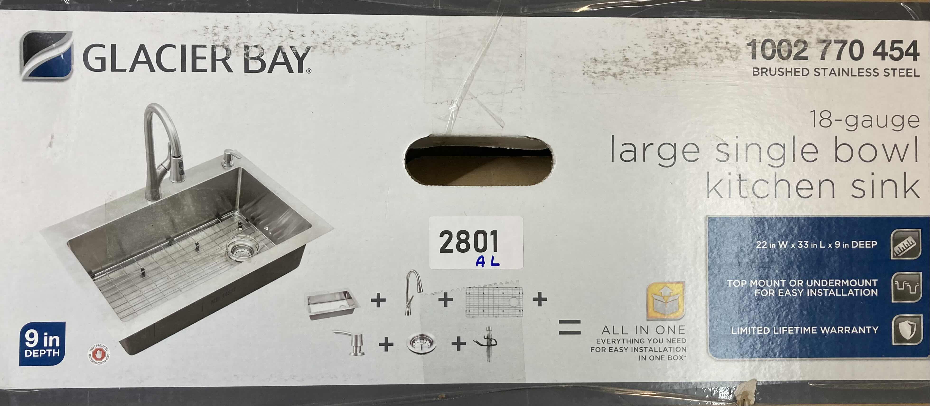 Photo 1 of NEW GLACIER BAY 22” BRUSHED STAINLESS STEEL 18 GAUGE 2 HOLE LARGE SINGLE BOWL KITCHEN SINK ALL IN 1 SET MODEL 1002 770 454