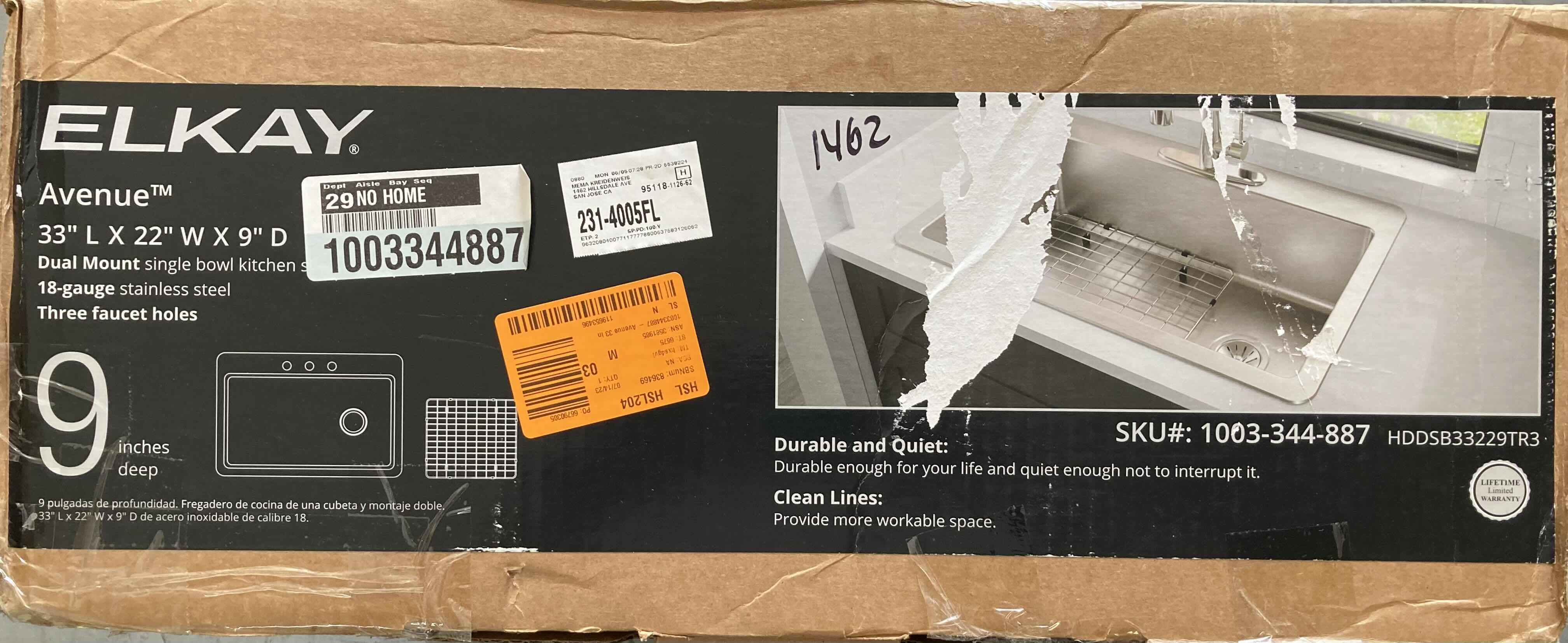 Photo 1 of NEW ELKAY AVENUE 33” STAINLESS STEEL 18 GAUGE DUAL MOUNT SINGLE BOWL KITCHEN SINK MODEL HDDSB33229TR3