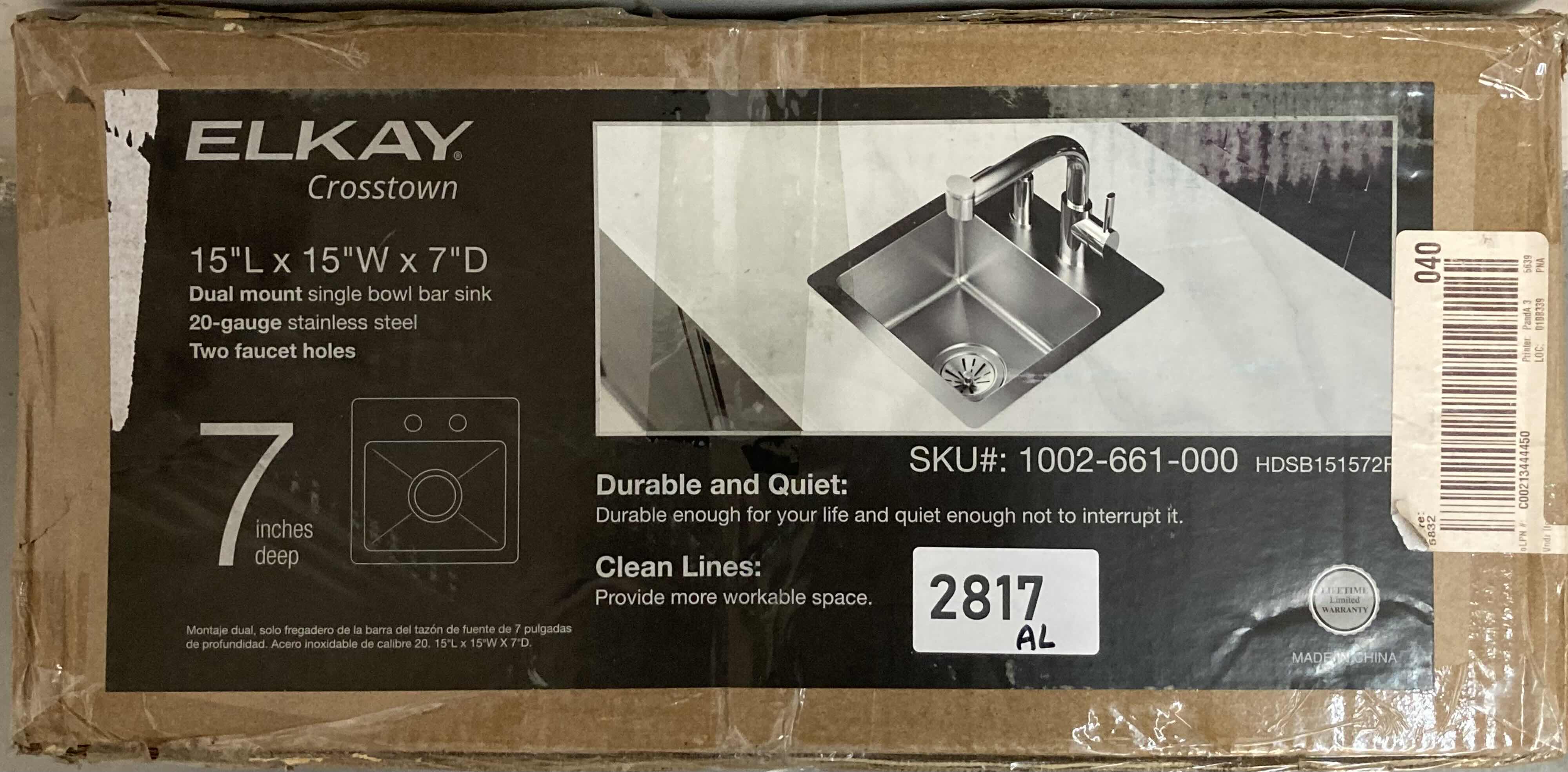 Photo 1 of NEW ELKAY CROSSTOWN 15" STAINLESS STEEL 20 GAUGE 2 FAUCET HOLE SINGLE BOWL BAR SINK MODEL 1002-661-000