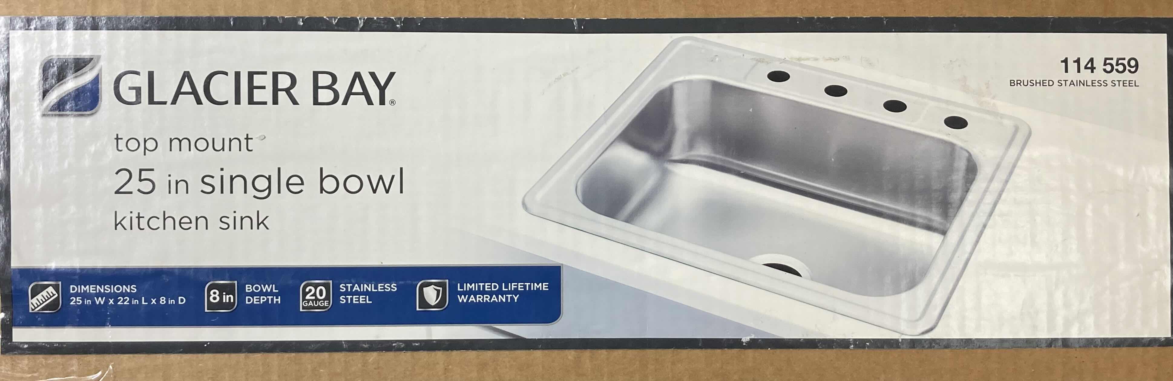 Photo 3 of NEW GLACIER BAY 25" BRUSHED STAINLESS STEEL 20 GAUGE 4 FAUCET HOLE SINGLE BOWL KITCHEN SINK MODEL 114 559