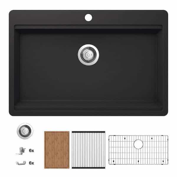 Photo 1 of NEW GLACIER BAY STONEHAVEN 33" BLACK ONYX DUAL MOUNT SINGLE BOWL GRANITE COMPOSITE KITCHEN WORKSTATION SINK W ACCESSORIES MODEL 1006 229 397