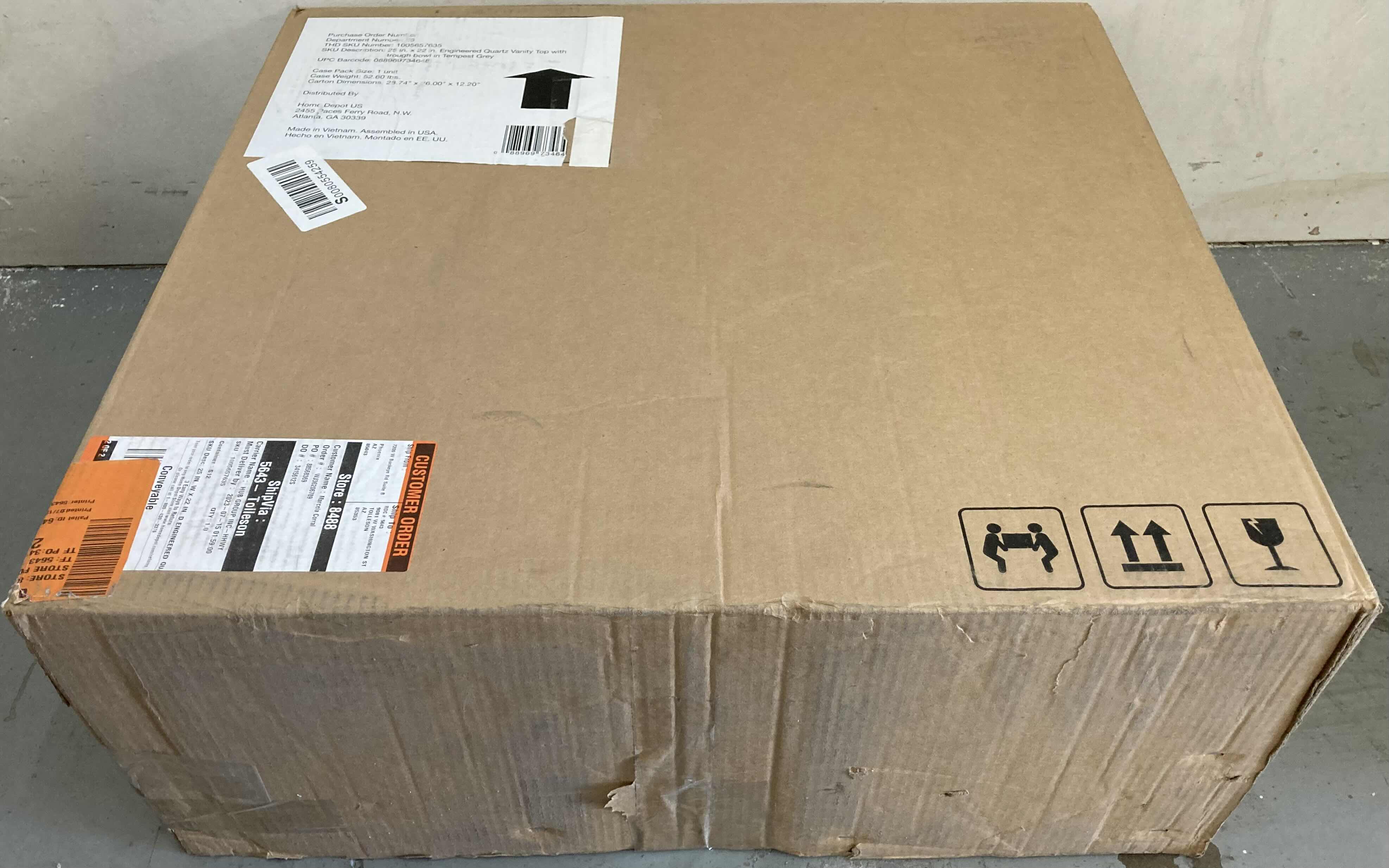 Photo 1 of HALSTEAD INTERNATIONAL 25" TEMPEST GREY ENGINEERED QUARTZ VANITY TOP 3 FAUCET HOLE SINGLE WHITE TROUGH BOWL SINK W BACKSPLASH