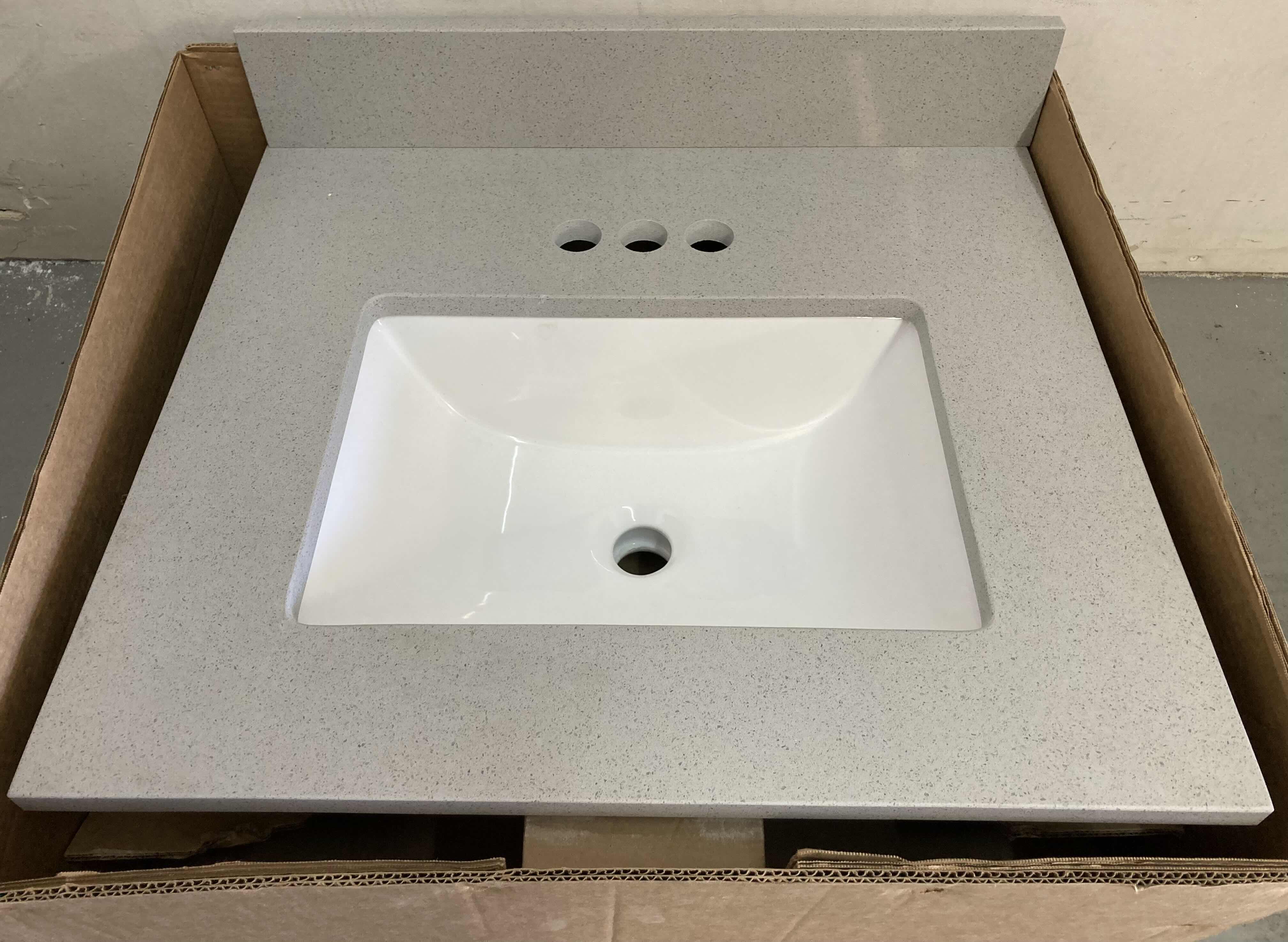 Photo 1 of HALSTEAD INTERNATIONAL 25" TEMPEST GREY ENGINEERED QUARTZ VANITY TOP 3 FAUCET HOLE SINGLE WHITE TROUGH BOWL SINK W BACKSPLASH