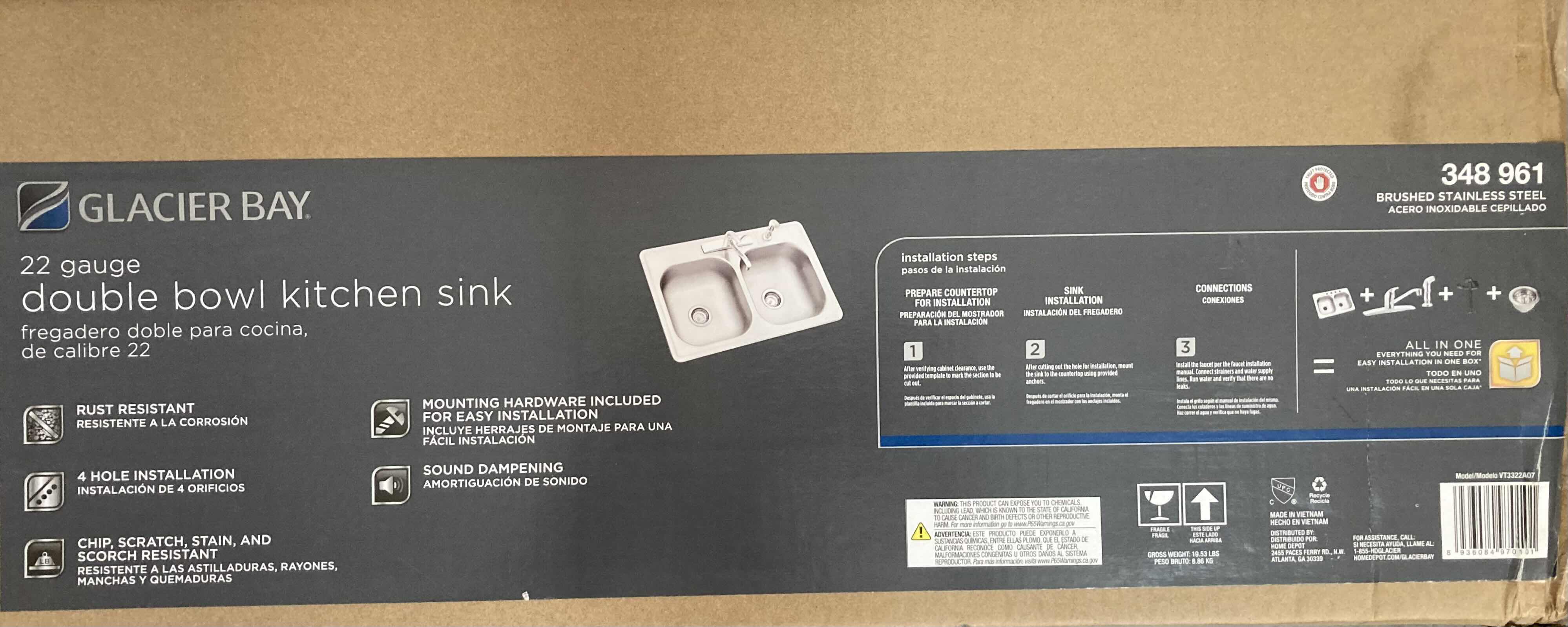 Photo 1 of NEW GLACIER BAY 33" BRUSHED STAINLESS STEEL 22 GAUGE DROP IN DOUBLE BOWL KITCHEN SINK ALL IN 1 SET MODEL 348 961