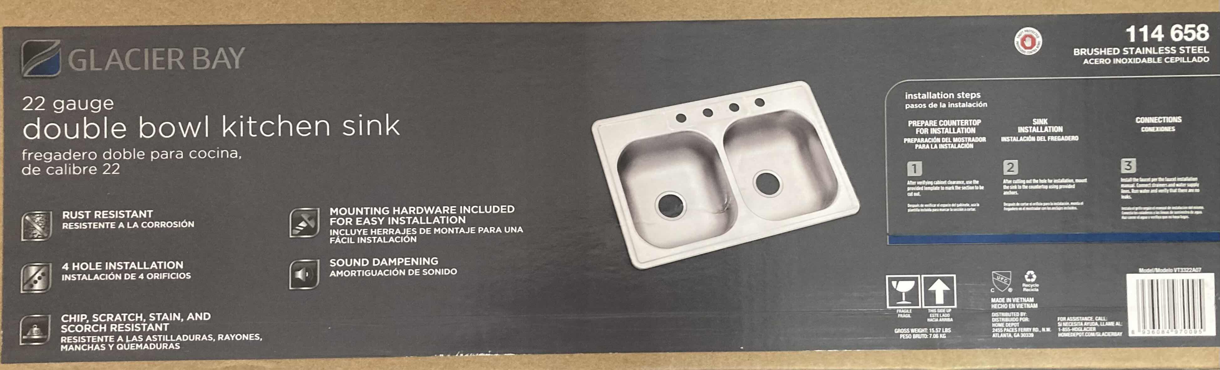 Photo 1 of NEW GLACIER BAY 33" BRUSHED STAINLESS STEEL 22 GAUGE 4 FAUCET HOLE DOUBLE BOWL KITCHEN SINK MODEL VT3322A07