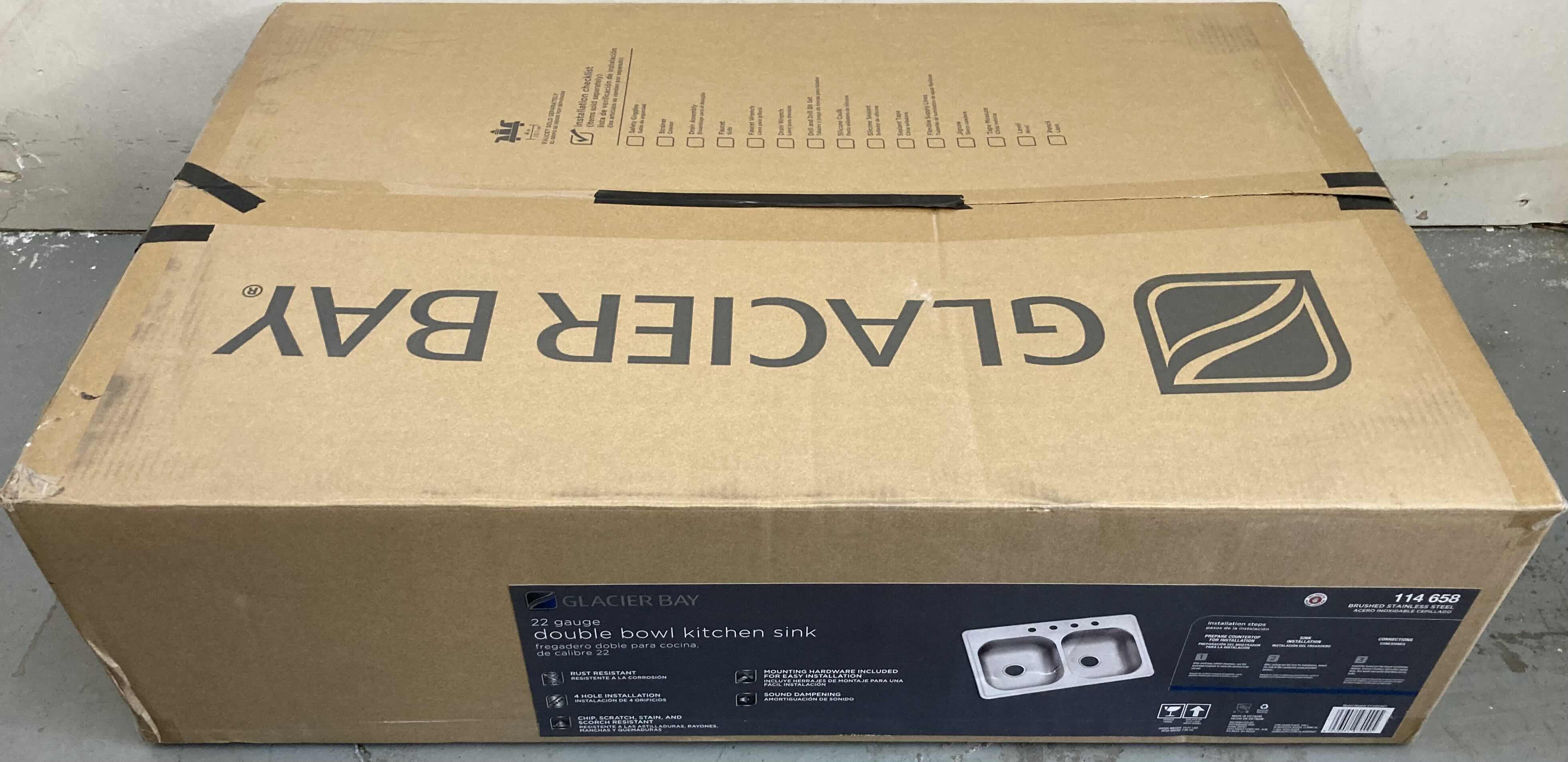 Photo 1 of NEW GLACIER BAY 33" BRUSHED STAINLESS STEEL 22 GAUGE 4 FAUCET HOLE DOUBLE BOWL KITCHEN SINK MODEL VT3322A07