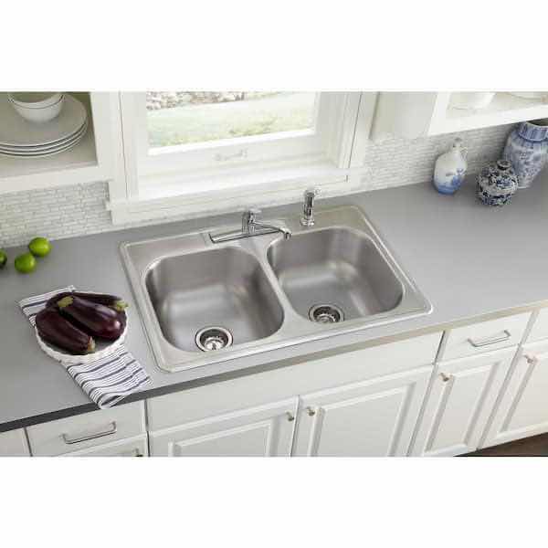 Photo 1 of NEW GLACIER BAY 33" BRUSHED STAINLESS STEEL 22 GAUGE 4 FAUCET HOLE DOUBLE BOWL KITCHEN SINK MODEL VT3322A07