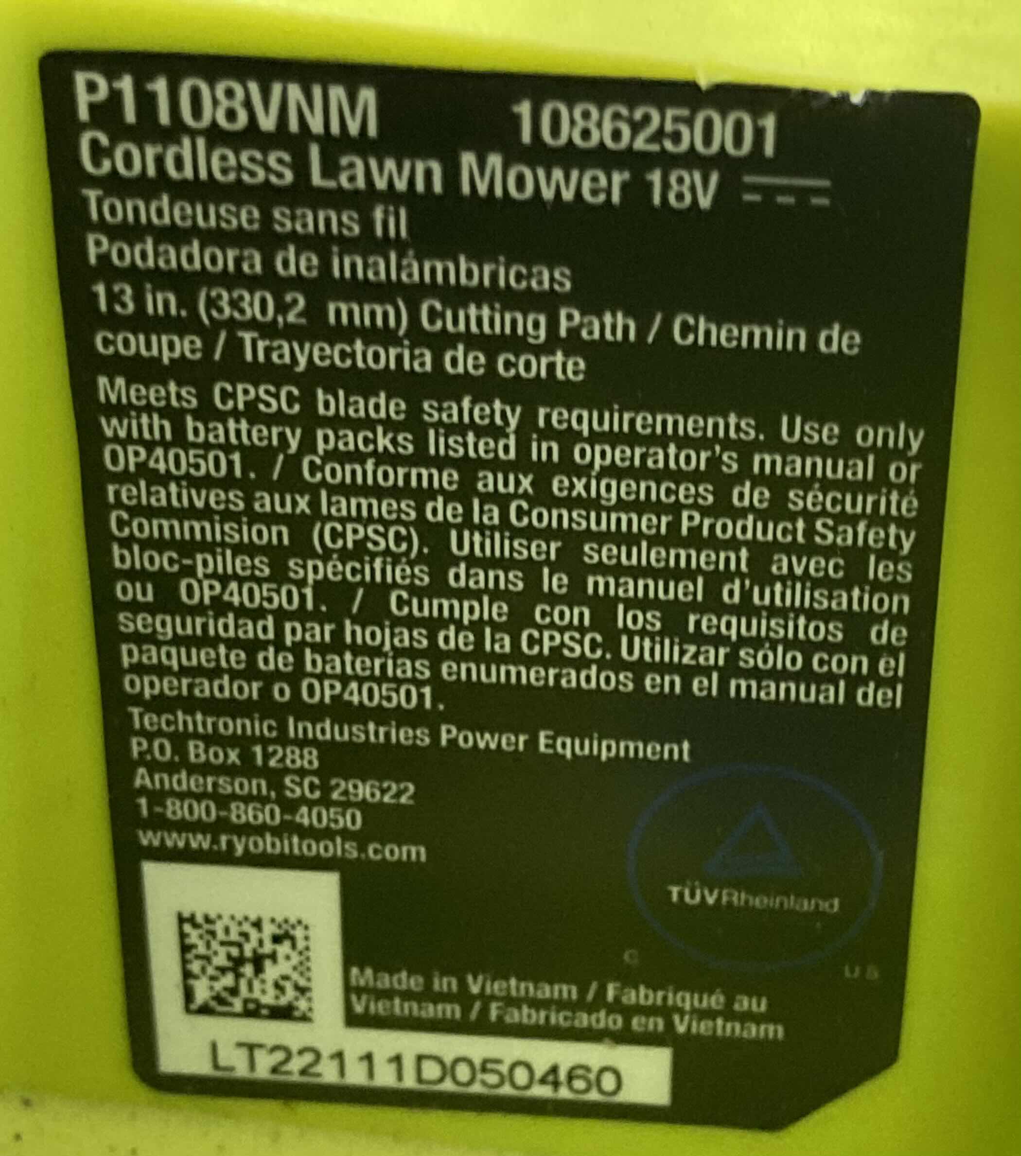 Photo 1 of RYOBI CORDLESS 18V 13" ELECTRIC LAWNMOWER W RECHARGEABLE BATTERY MODEL P1108VNM