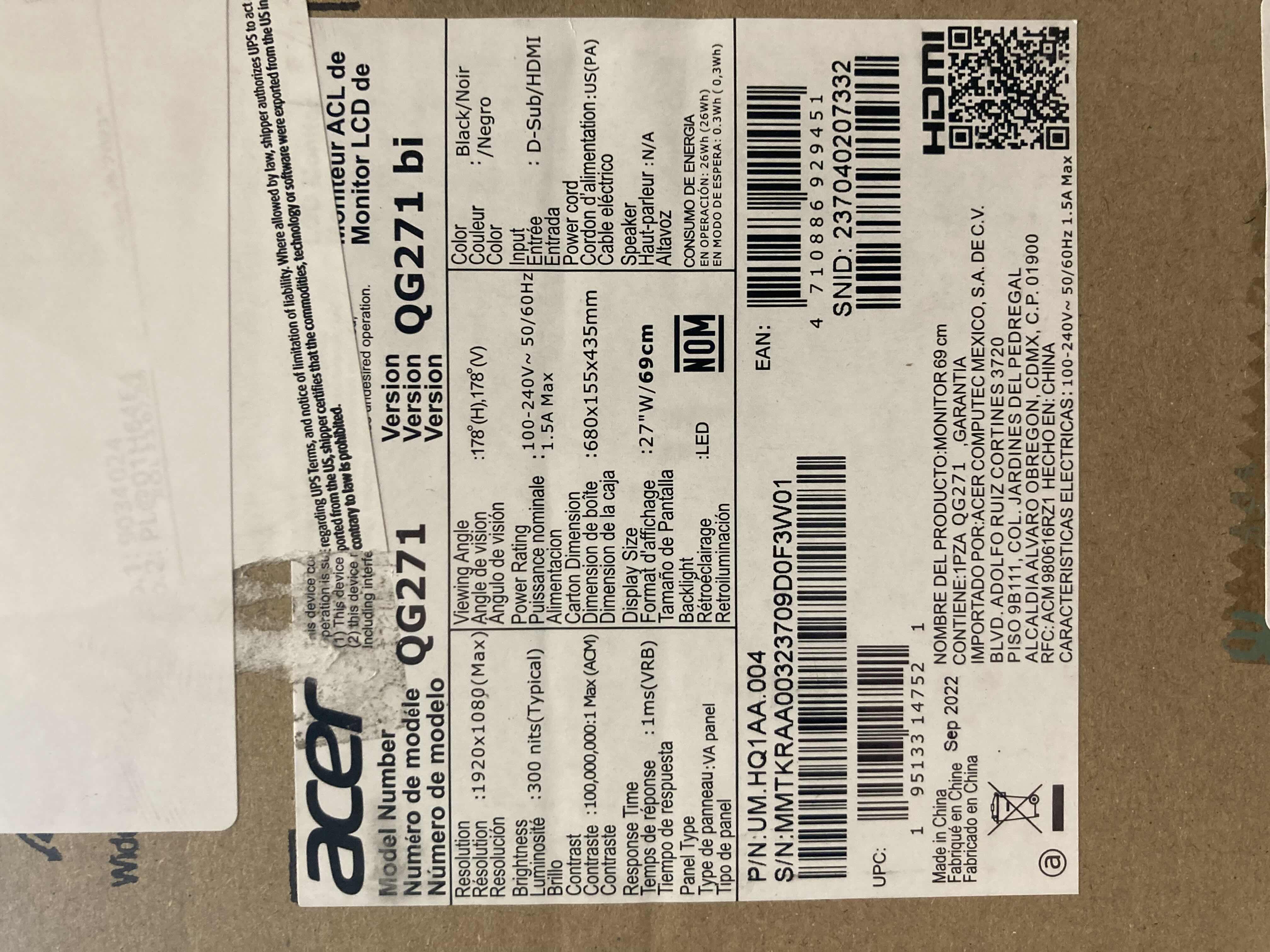 Photo 1 of NEW ACER 27” NITRO QG1 SERIES LED GAMING MONITOR FHD MODEL QG271