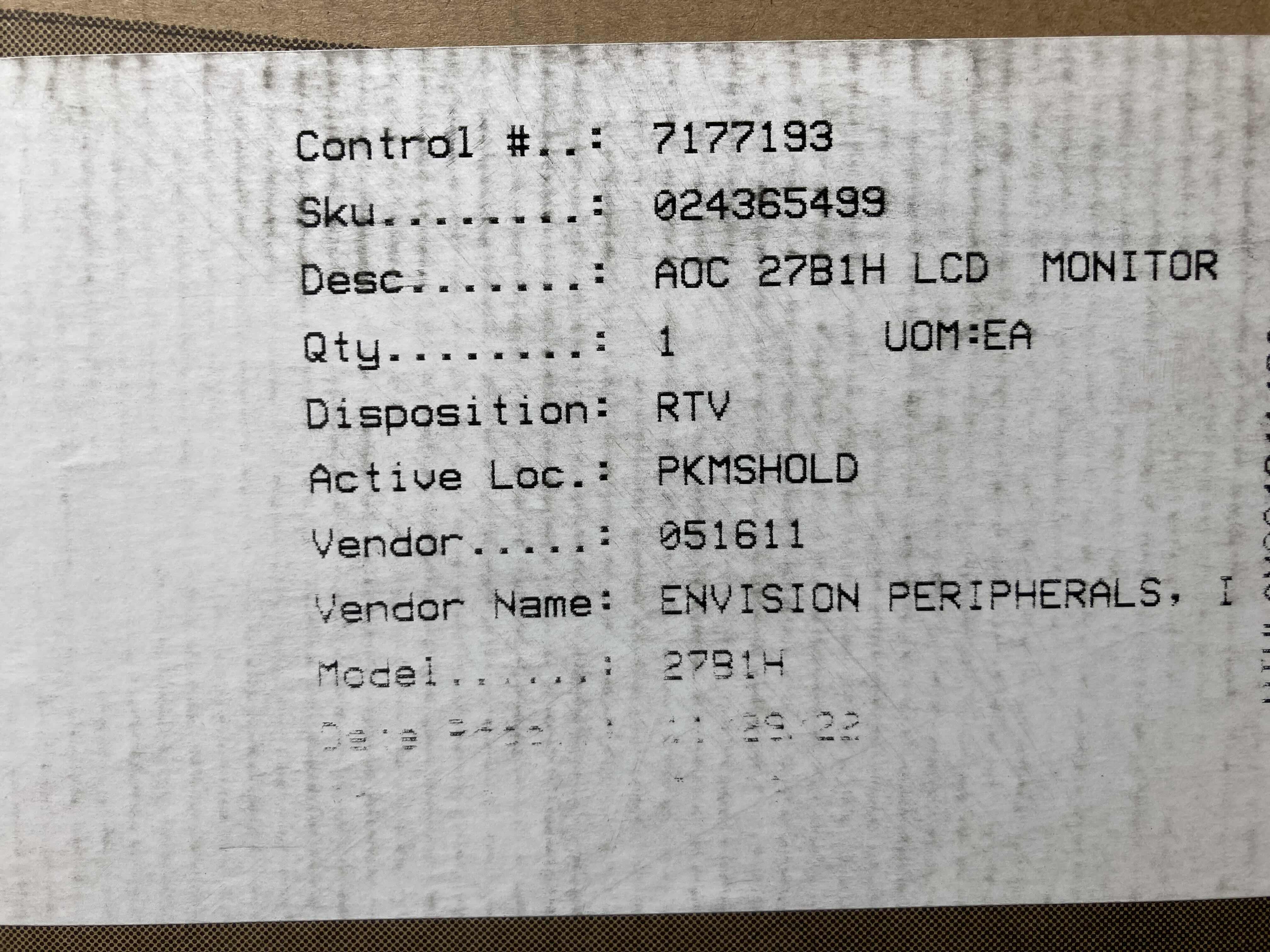 Photo 1 of NEW AOC 27” B1 SERIES LCD MONITOR MODEL 27B1H