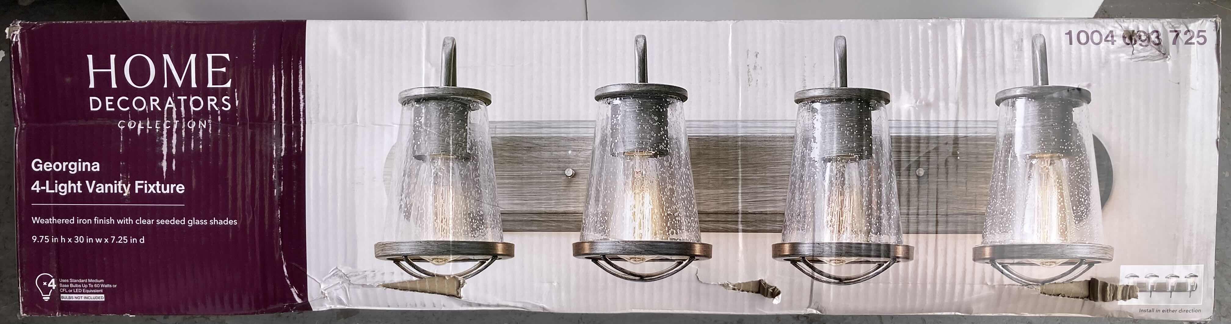 Photo 1 of $109    NEW HOME DECORATORS GEORGINA COLLECTION WEATHERED IRON FINISH CLEAR SEEDED GLASS SHADE 4 LIGHT VANITY FIXTURE LIGHT MODEL 1004693725