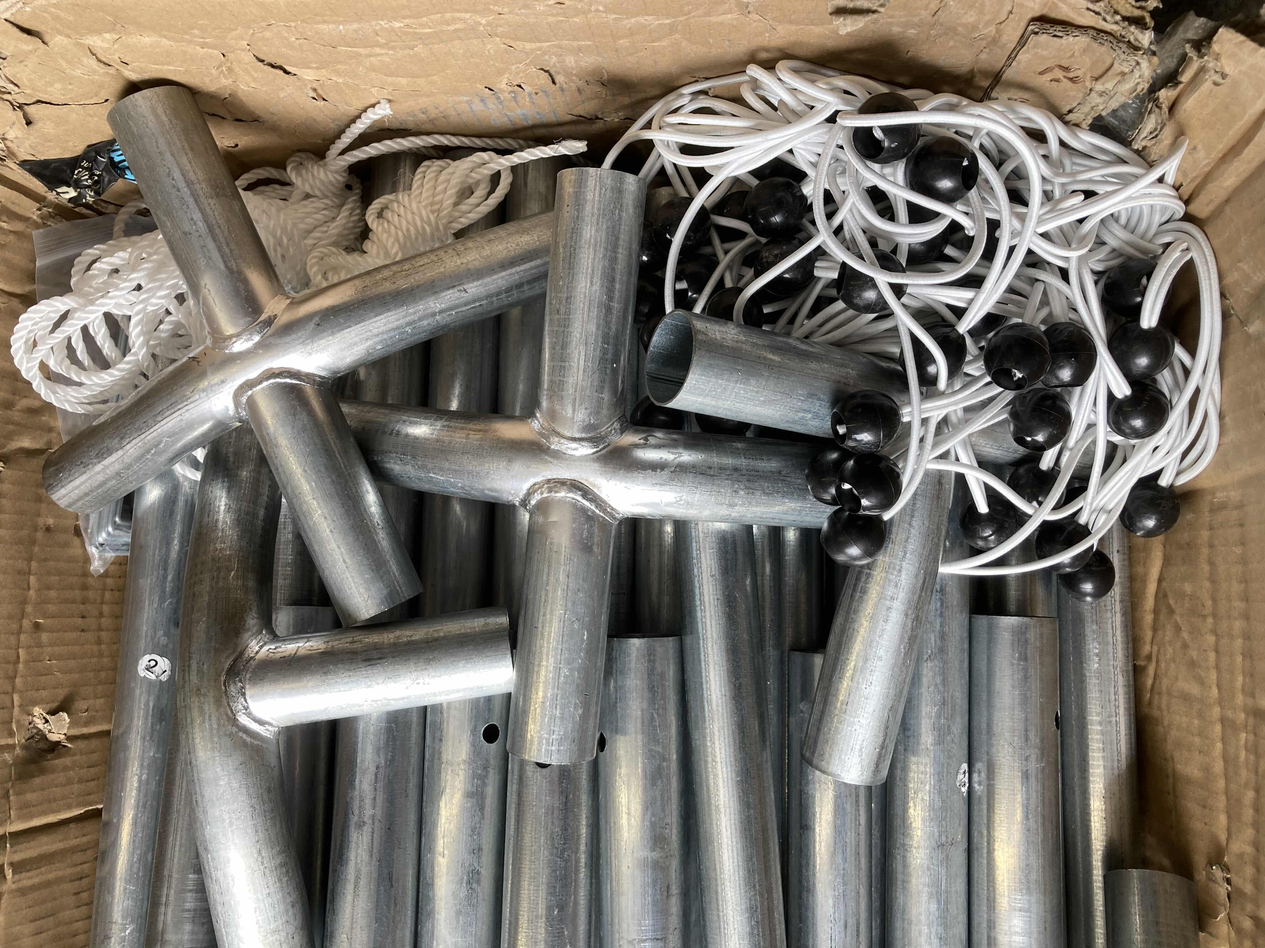 Photo 1 of LARGE GREEN TARP TENT/GOZEBO W STEEL STANDS, BRACKETS & TIE DOWNS (BOX DIMENSIONS 39.5” X 24” H13”)