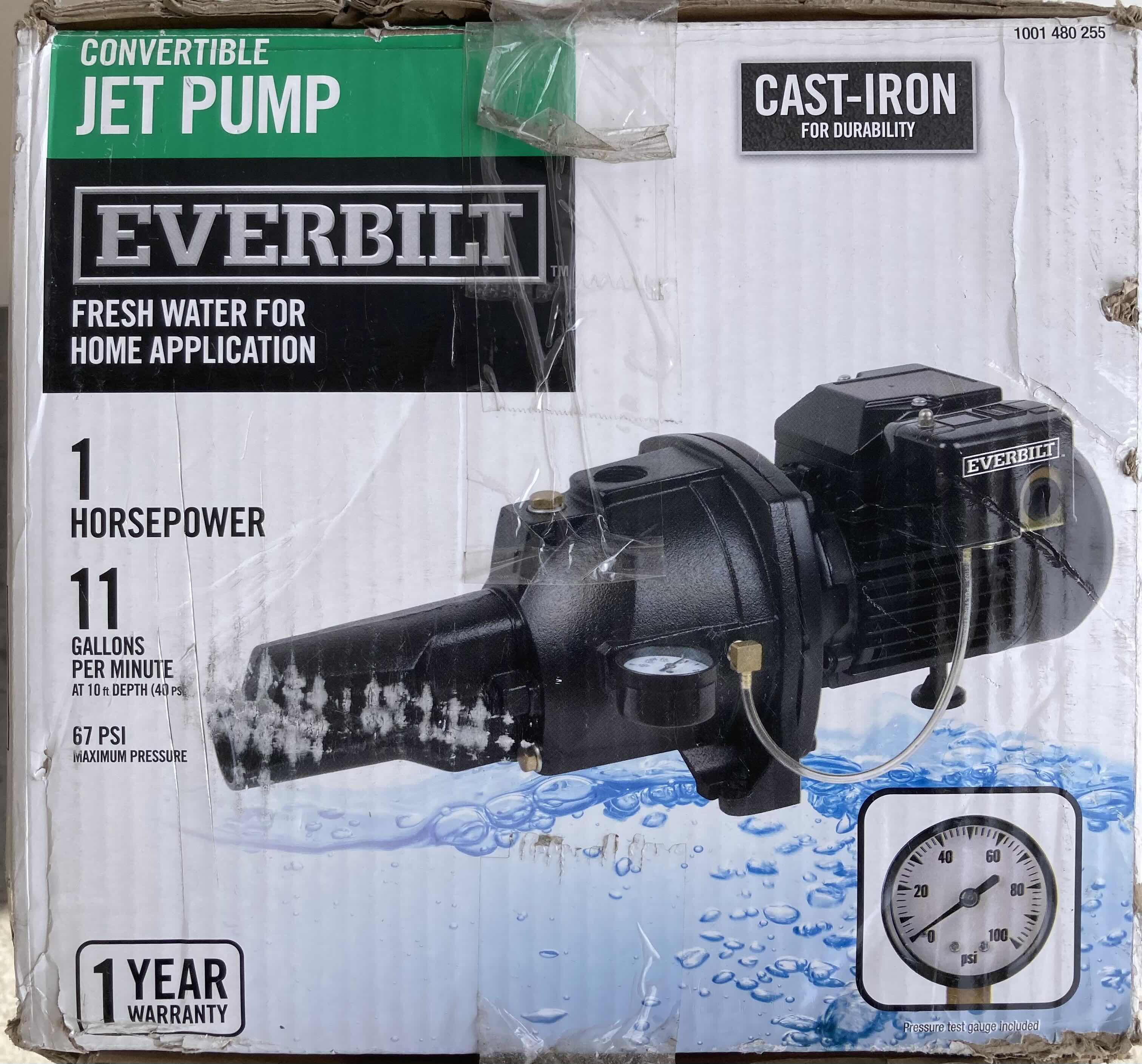 Photo 9 of NEW EVERBUILT CAST IRON FRESH WATER 1HP 67PSI CONVERTIBLE JET PUMP MODEL 1001480255