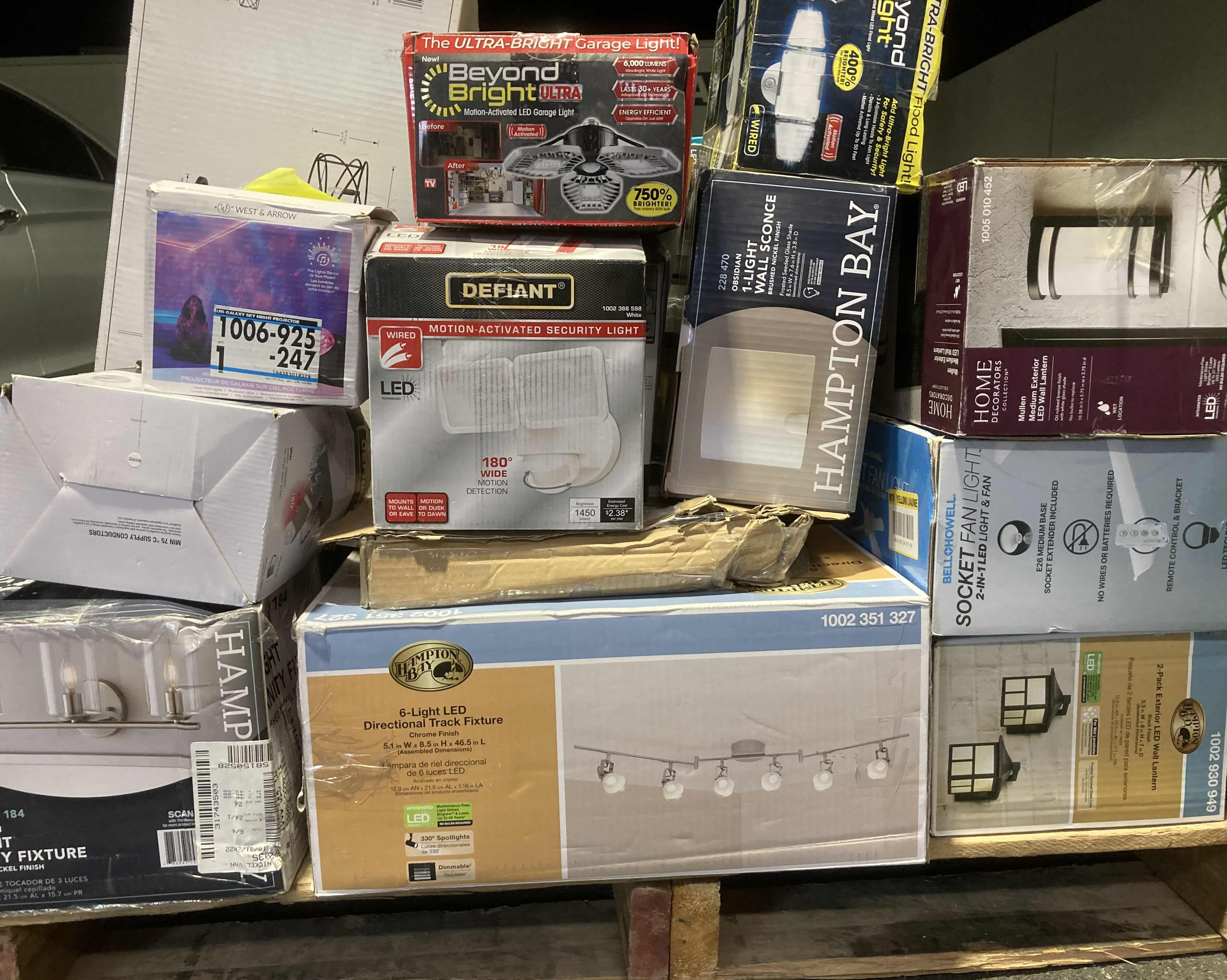 Photo 1 of $800.     HOUSEHOLD INDOOR/OUTDOOR LIGHT FIXTURES- VARIOUS BRANDS, STYLES & PURPOSES ON PALLET APPROX 25-30 FIXTURES (READ NOTES)