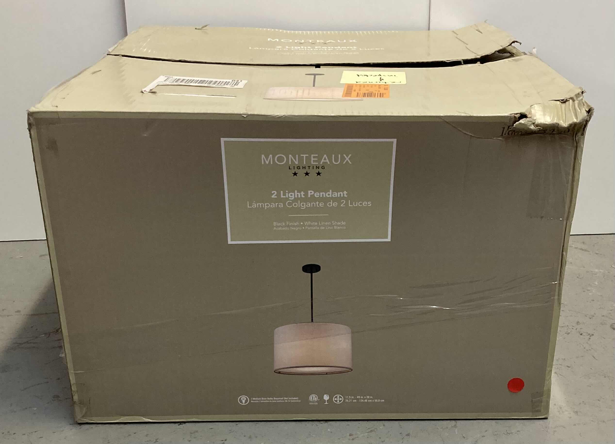 Photo 1 of MONTEAUX 2 LIGHT HANGING PENDANT LIGHT FIXTURE W LINEN DRUM SHADE 20” X 49”