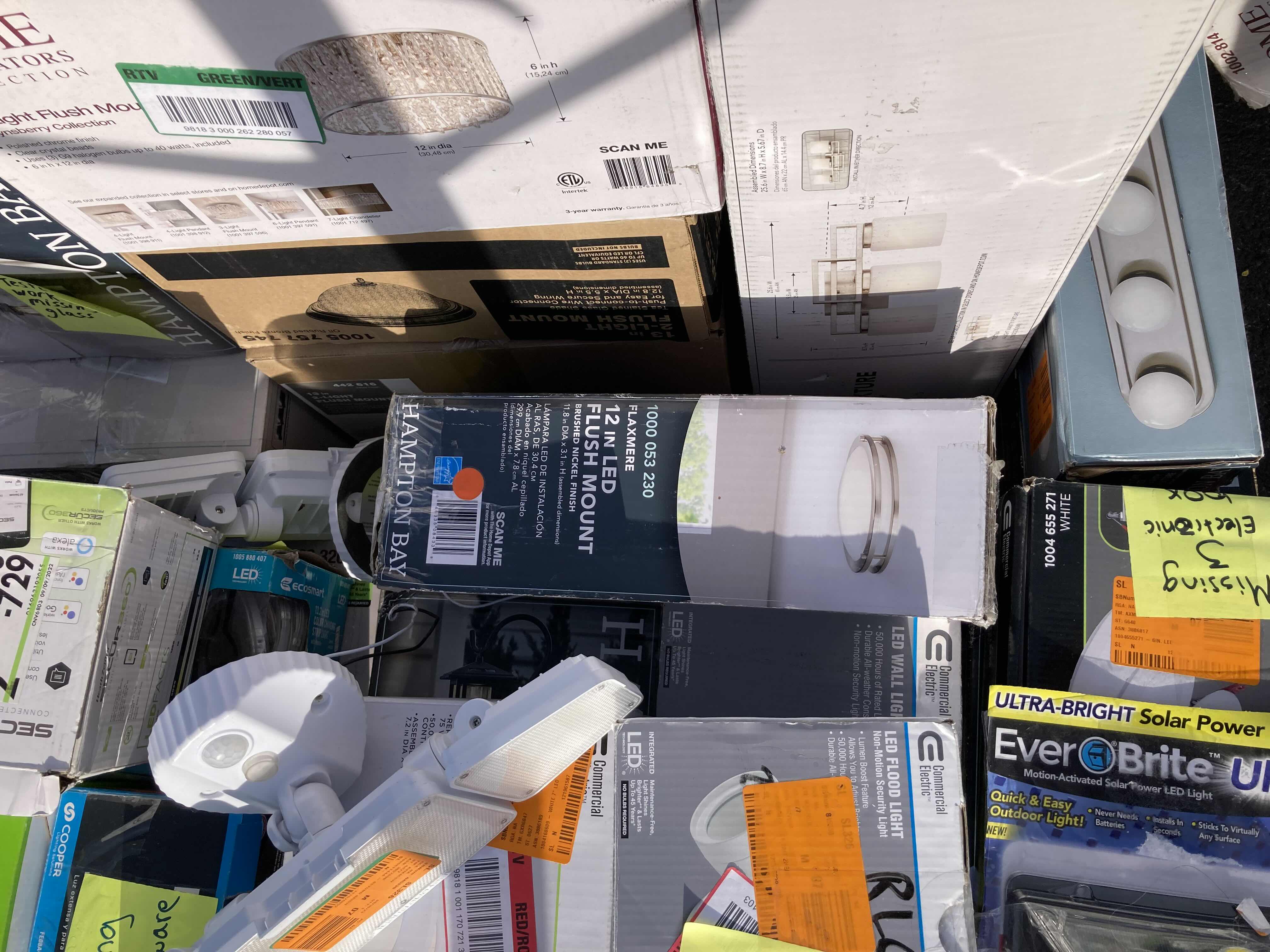 Photo 1 of HOUSEHOLD LIGHT FIXTURES-VARIOUS BRANDS, STYLES & PURPOSES ON PALLET (READ NOTES)