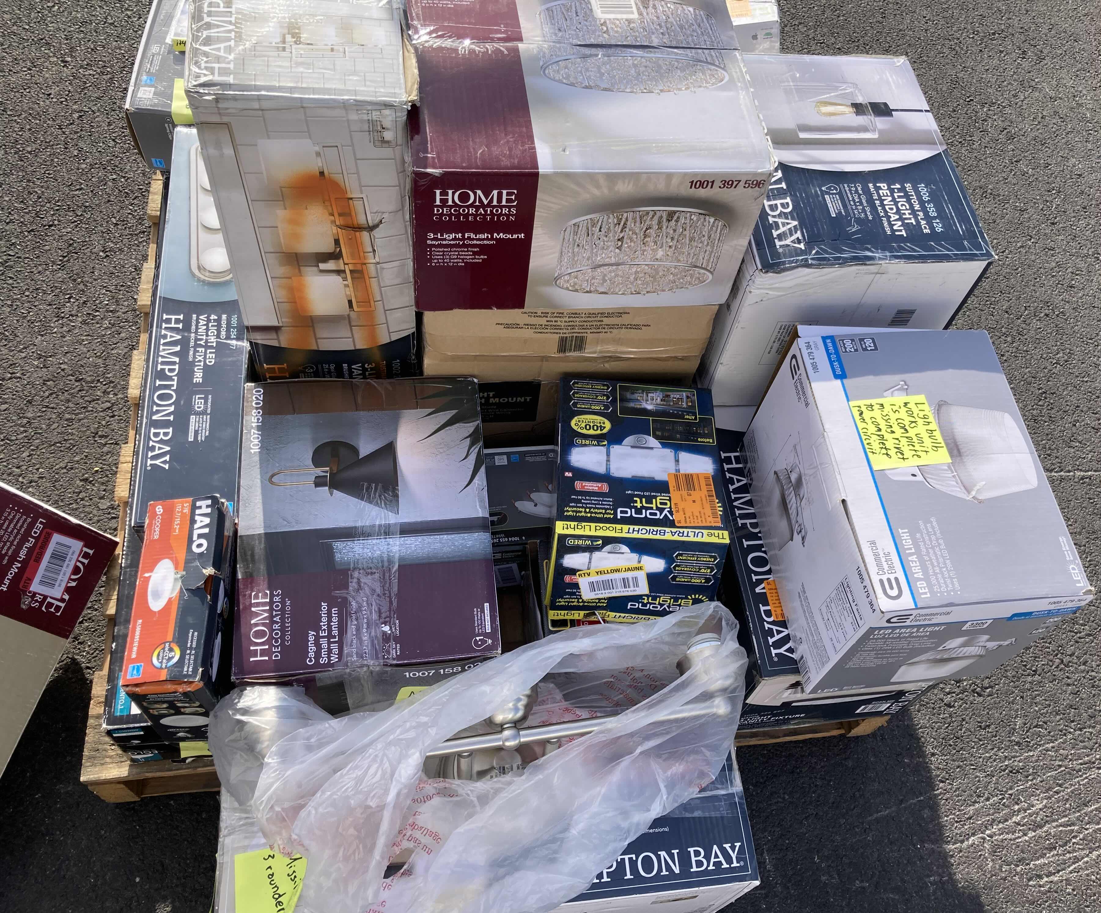 Photo 1 of HOUSEHOLD LIGHT FIXTURES-VARIOUS BRANDS, STYLES & PURPOSES ON PALLET (READ NOTES)